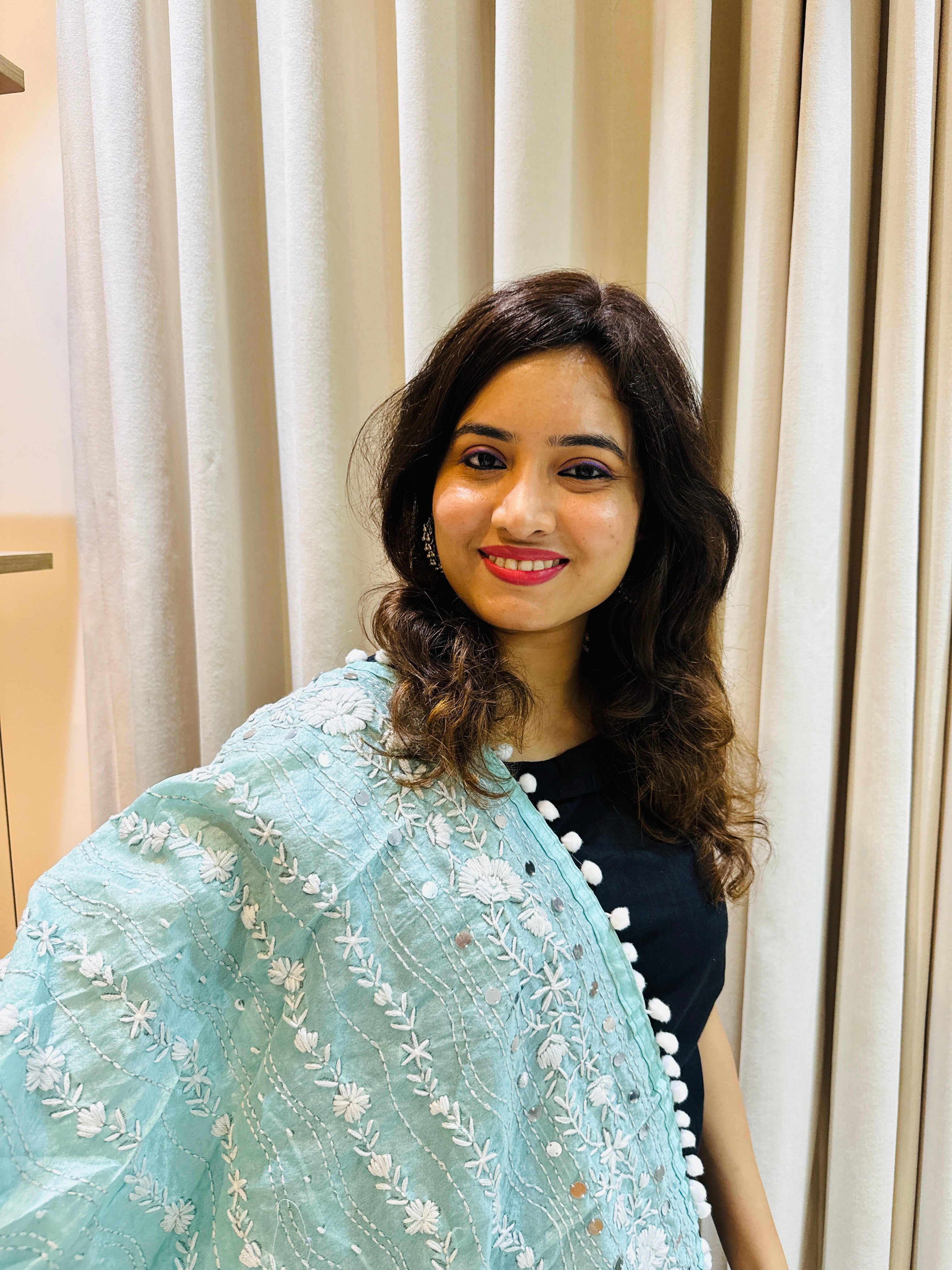 Hand-Embroidered Chanderi Dupatta with Pompom - Sea Blue