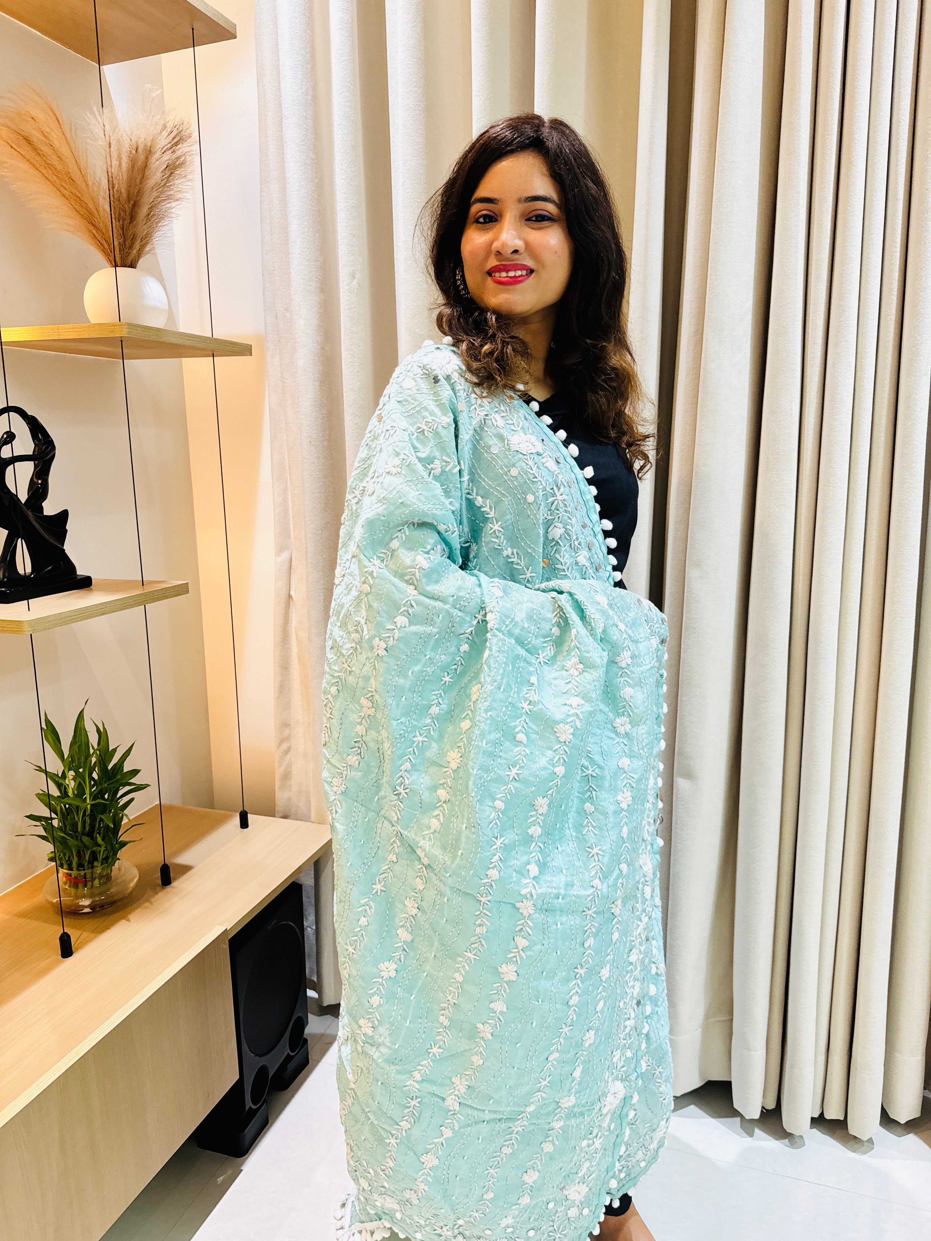 Hand-Embroidered Chanderi Dupatta with Pompom - Sea Blue