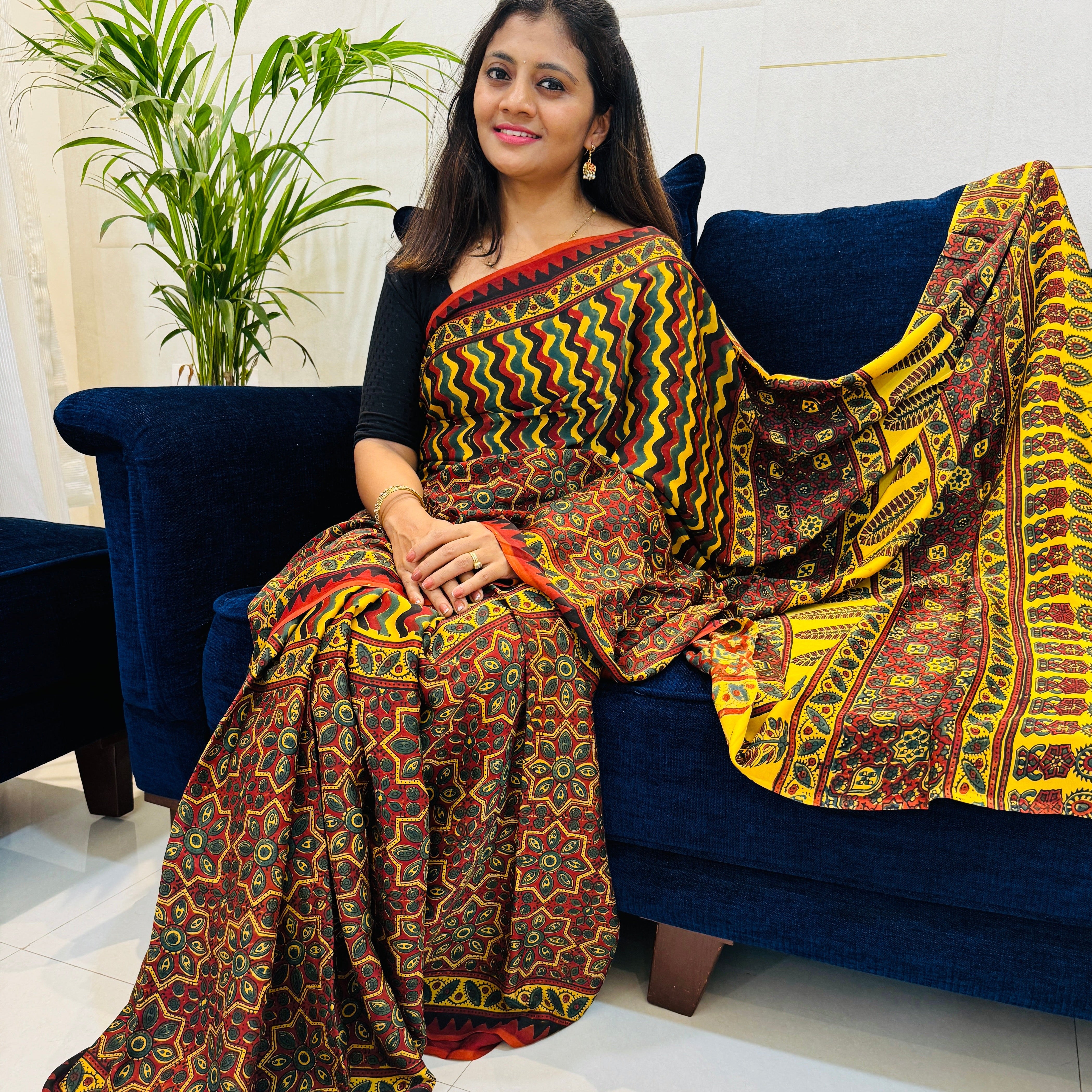 Modal Silk Ajrakh Saree With Natural Dyes - Yellow