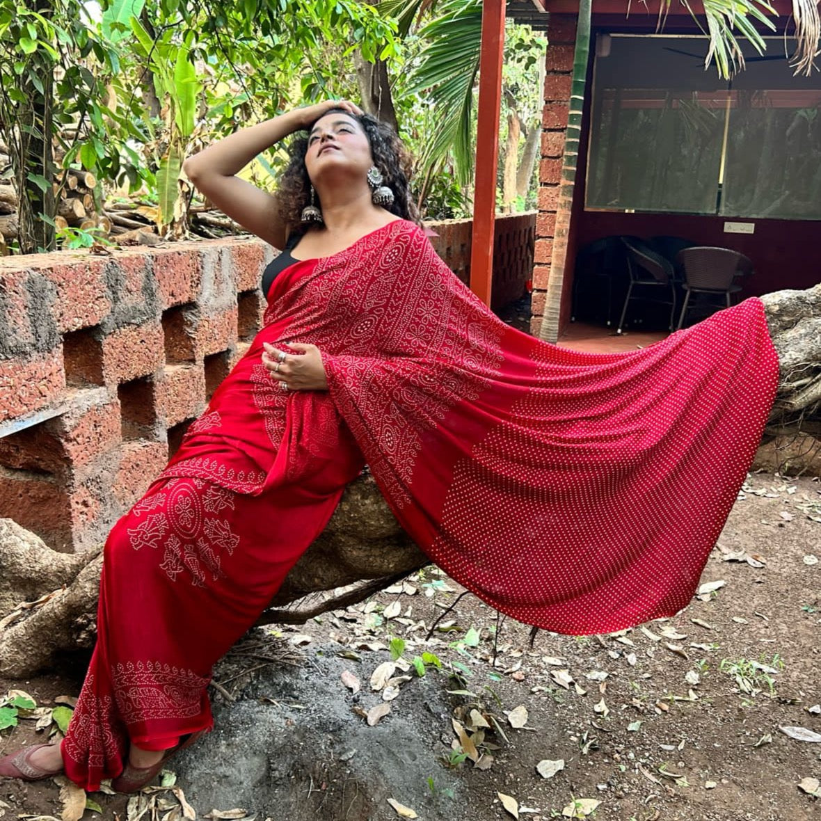 Modal Silk Mashroo Mix Ajrakh Saree - Maroon, Red, Bottle Green,Rani Pink, Blue, Navy Blue.