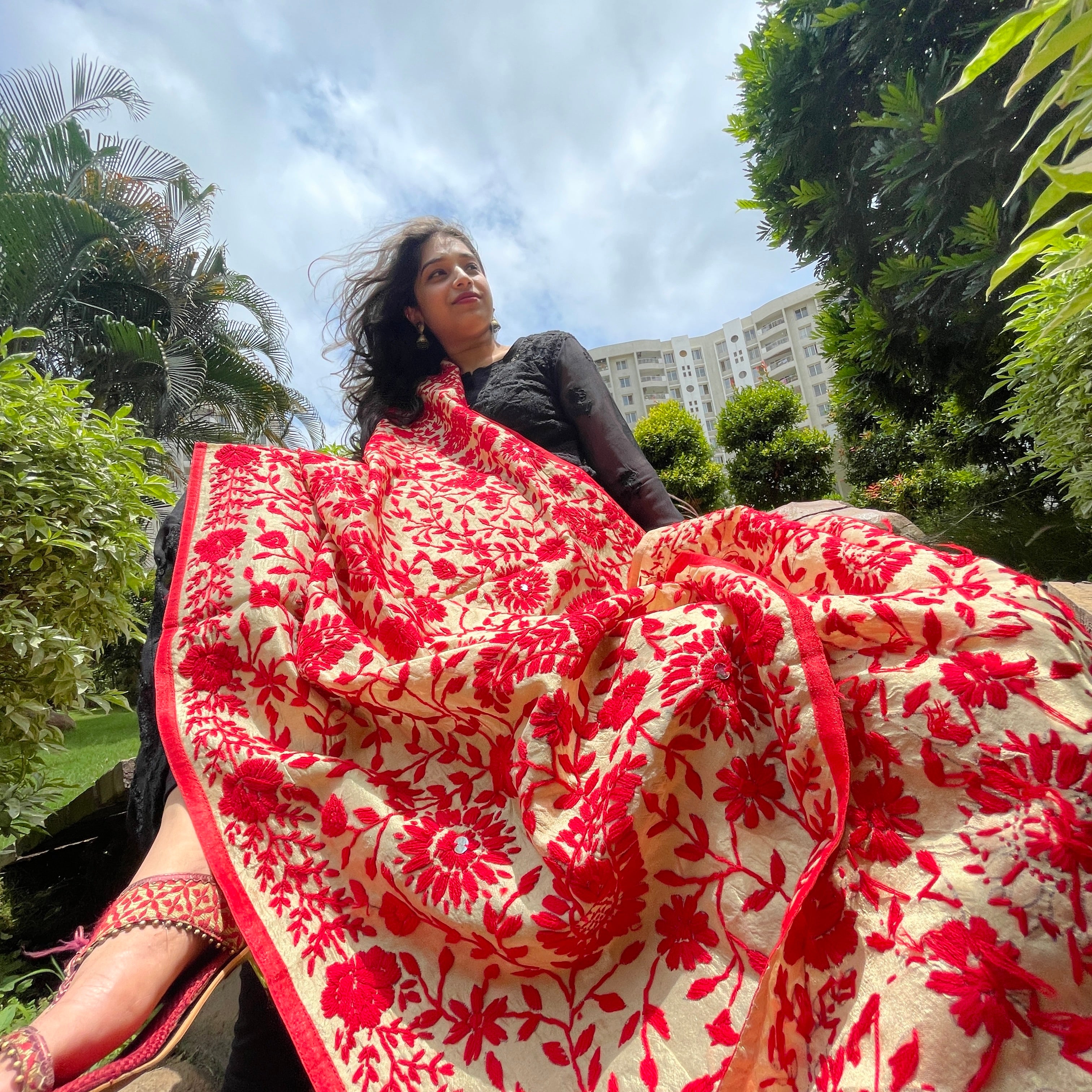 Hand-Embroidered Chanderi Dupatta- Beige With Red Coloured Threadwork