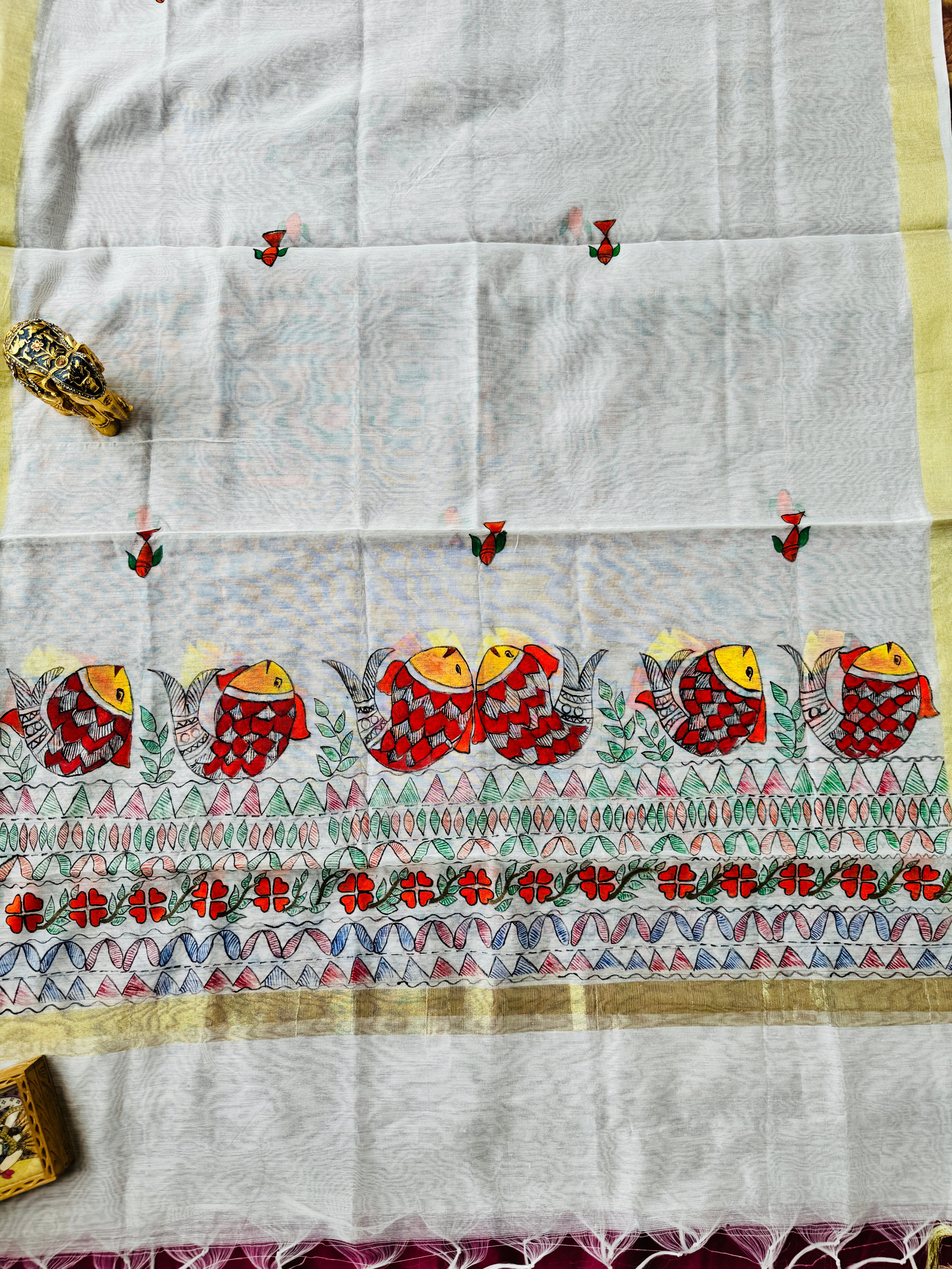 Hand Painted Madhubani CottonSilk Dupatta with Small Butti Design
