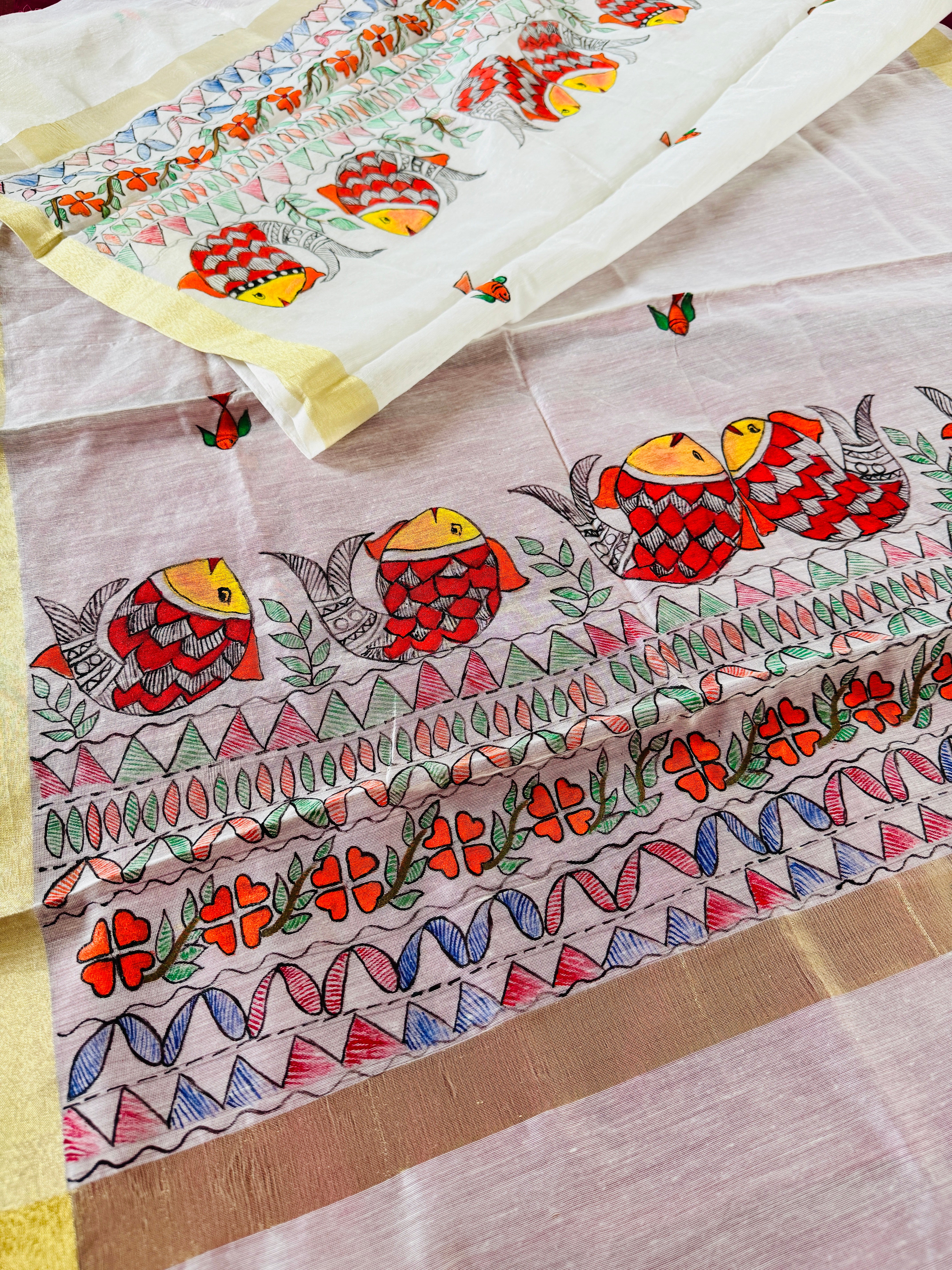 Hand Painted Madhubani CottonSilk Dupatta with Small Butti Design