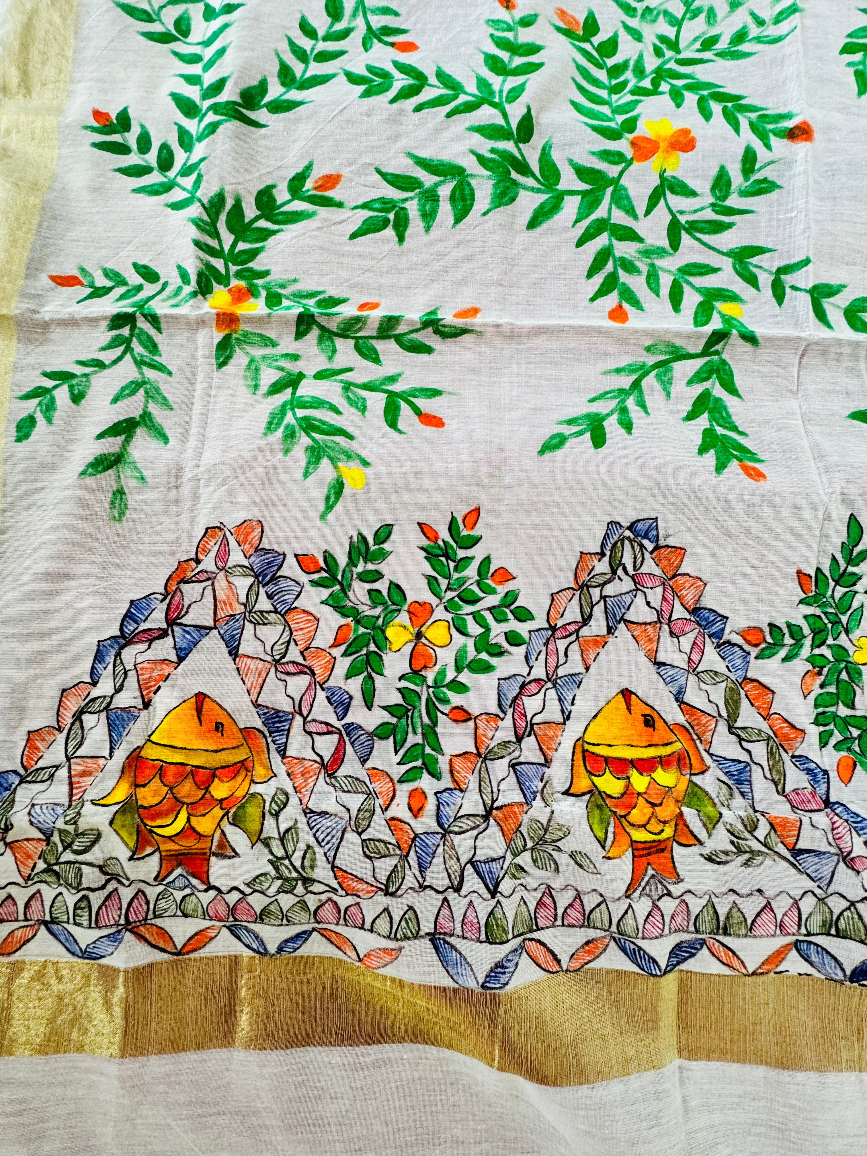 Hand Painted Madhubani Cotton Silk Dupatta with Fish and Leafy Motif