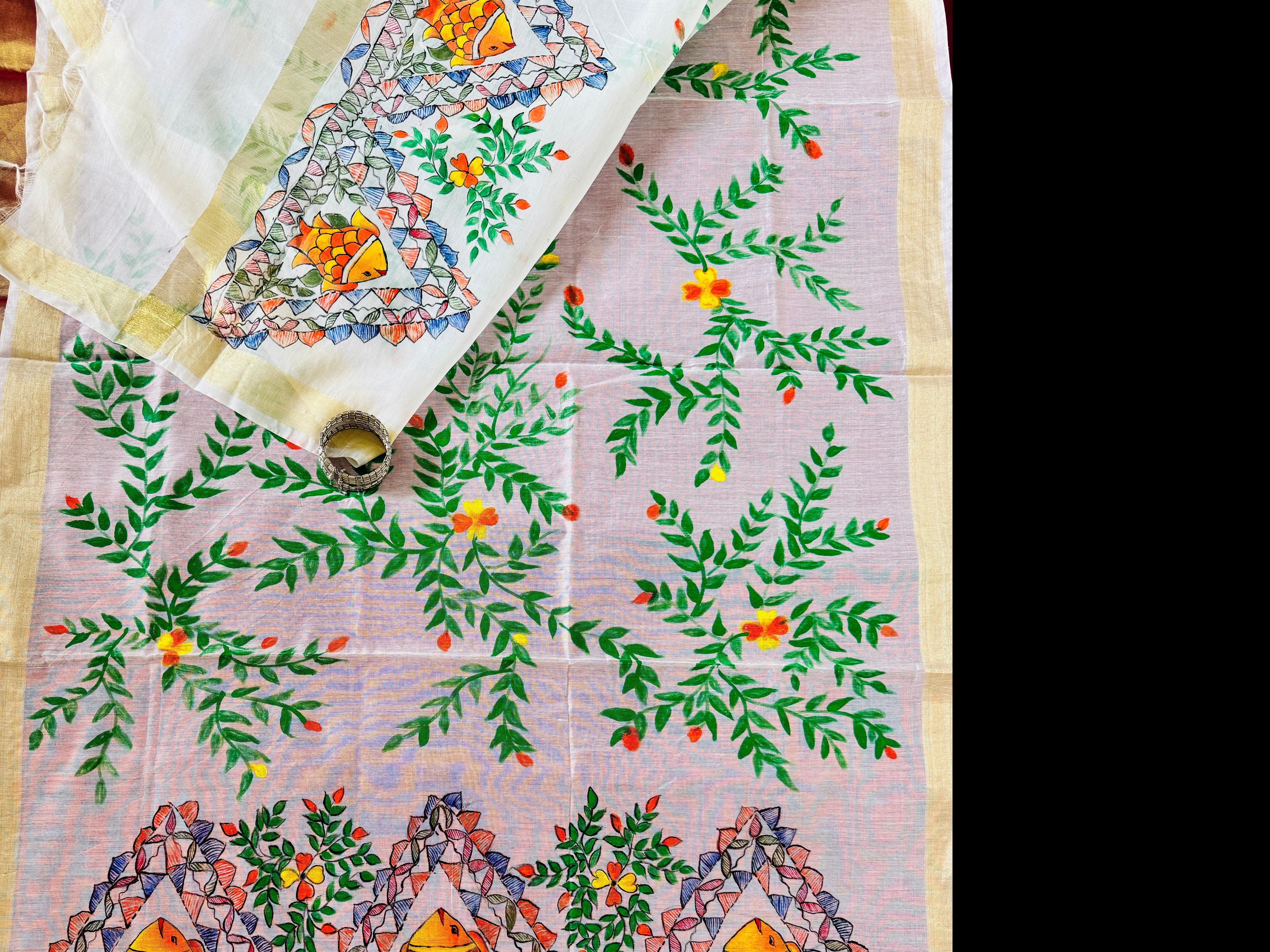 Hand Painted Madhubani Cotton Silk Dupatta with Fish and Leafy Motif