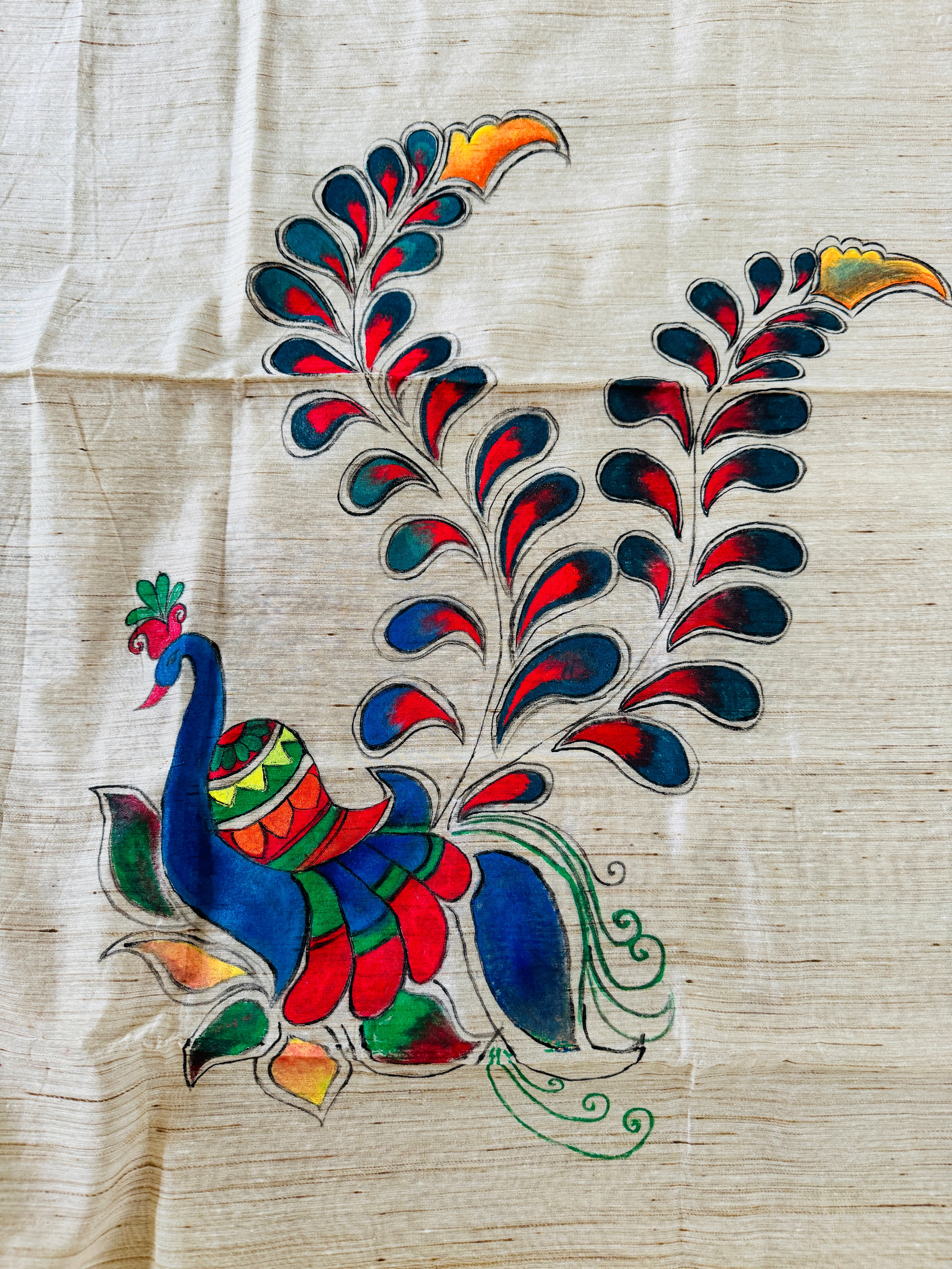 Hand Painted Peacock Motifs on Chanderi Silk Dupatta