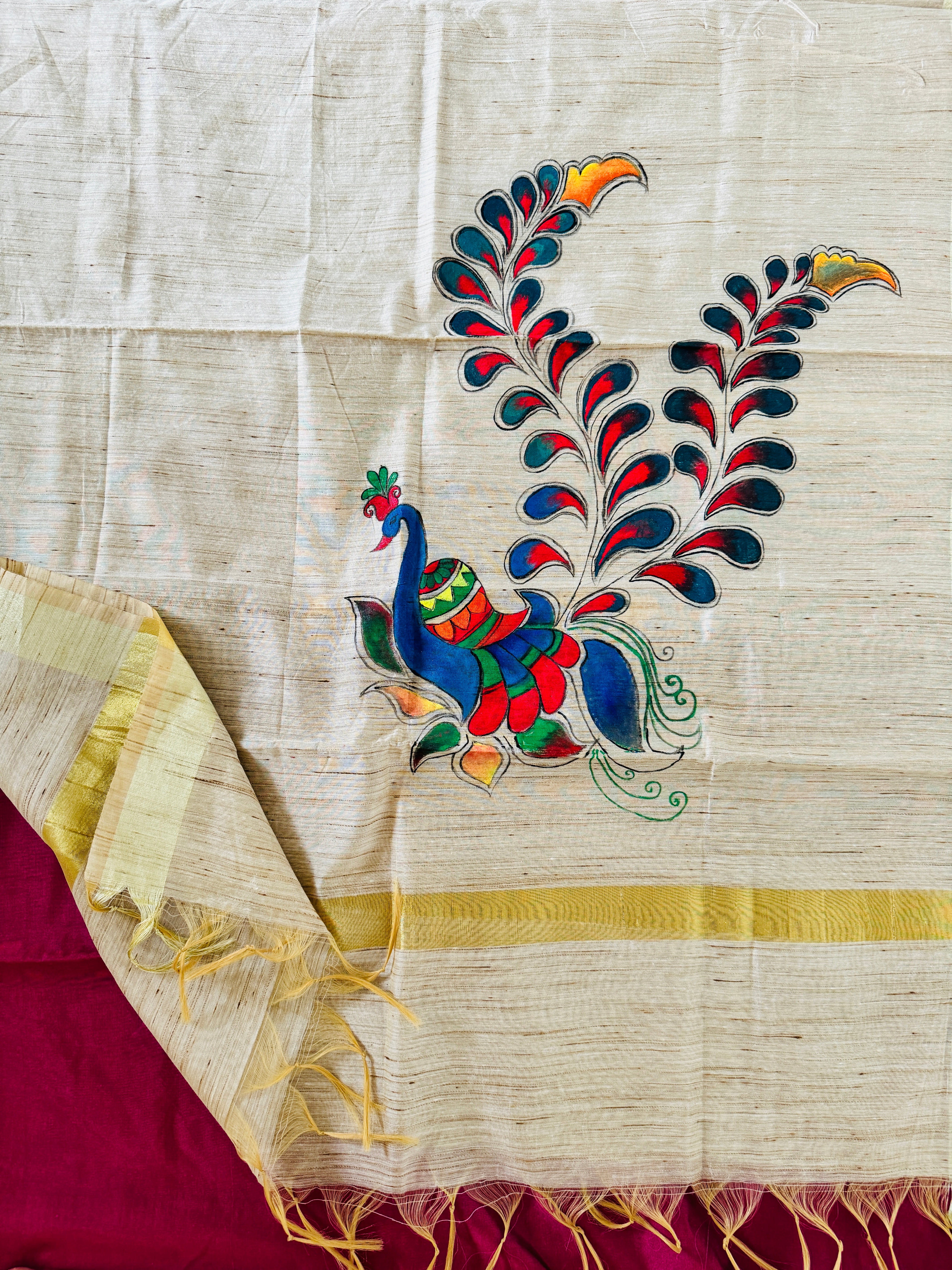 Hand Painted Peacock Motifs on Chanderi Silk Dupatta