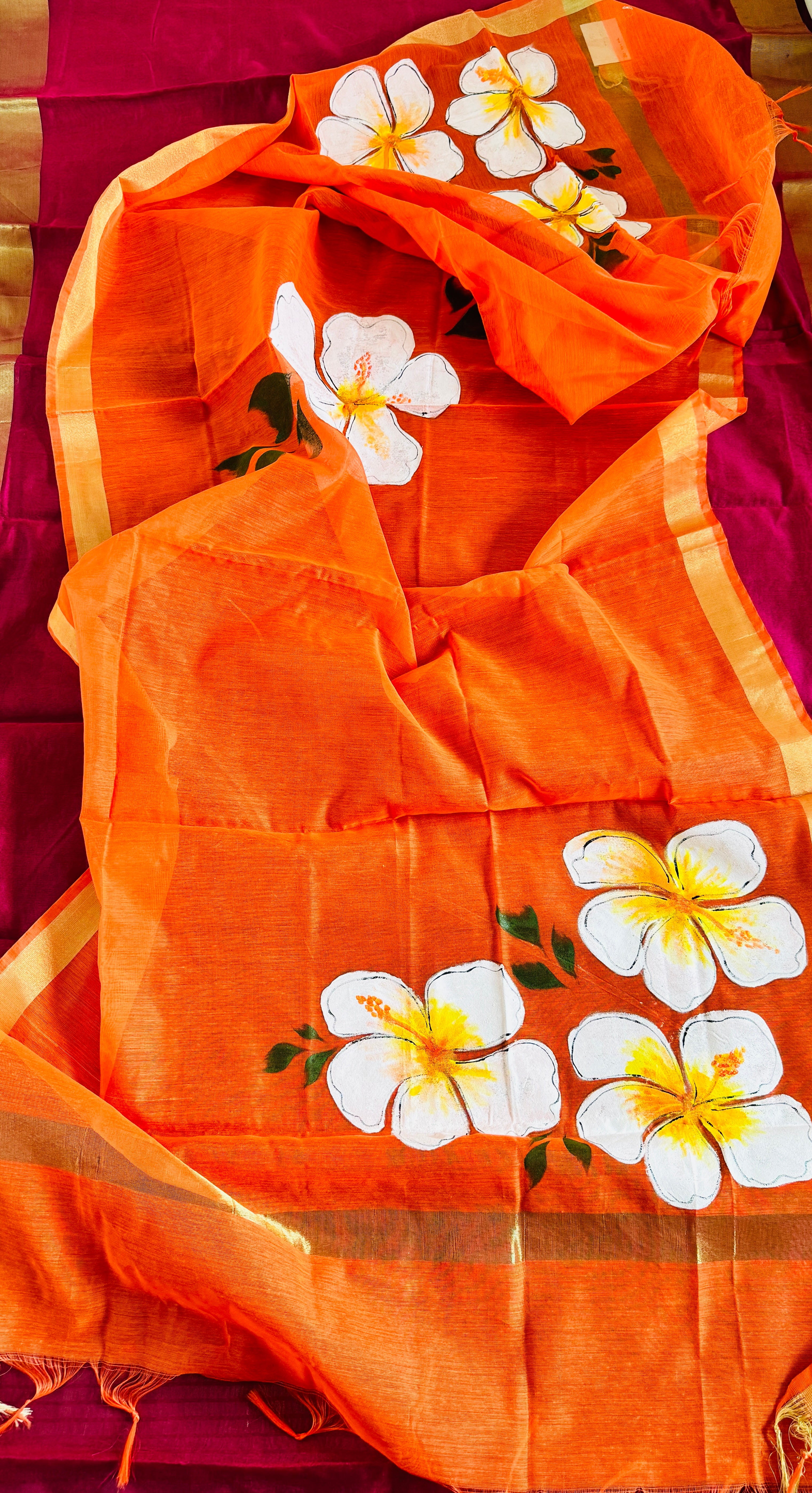 Hand Painted Chanderi Silk Dupatta with Floral Design