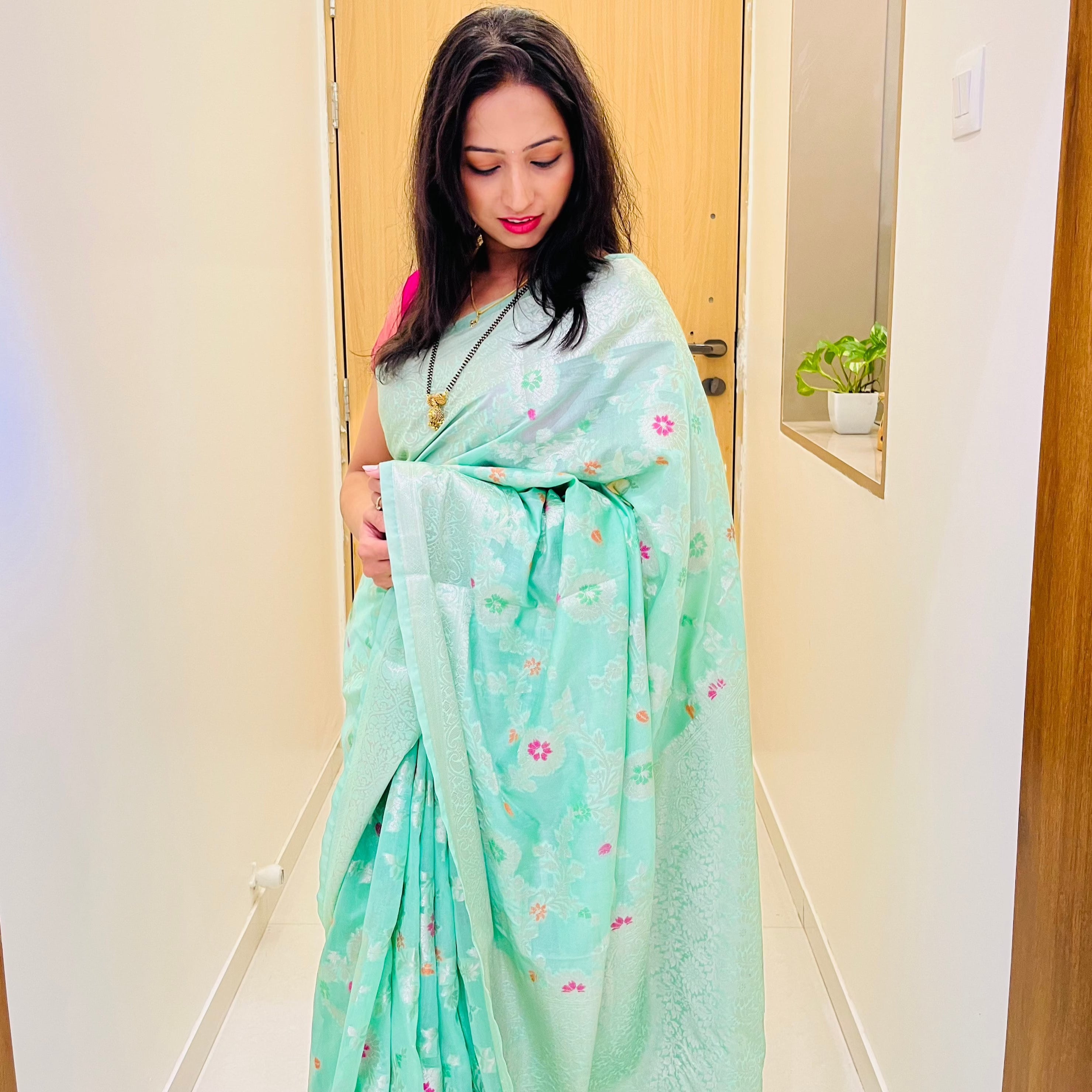 Banarasi Semi Georgette Alfi Saree - Yellow, Black, Purple, Red, Maroon, Light blue, Pista Green, Pink