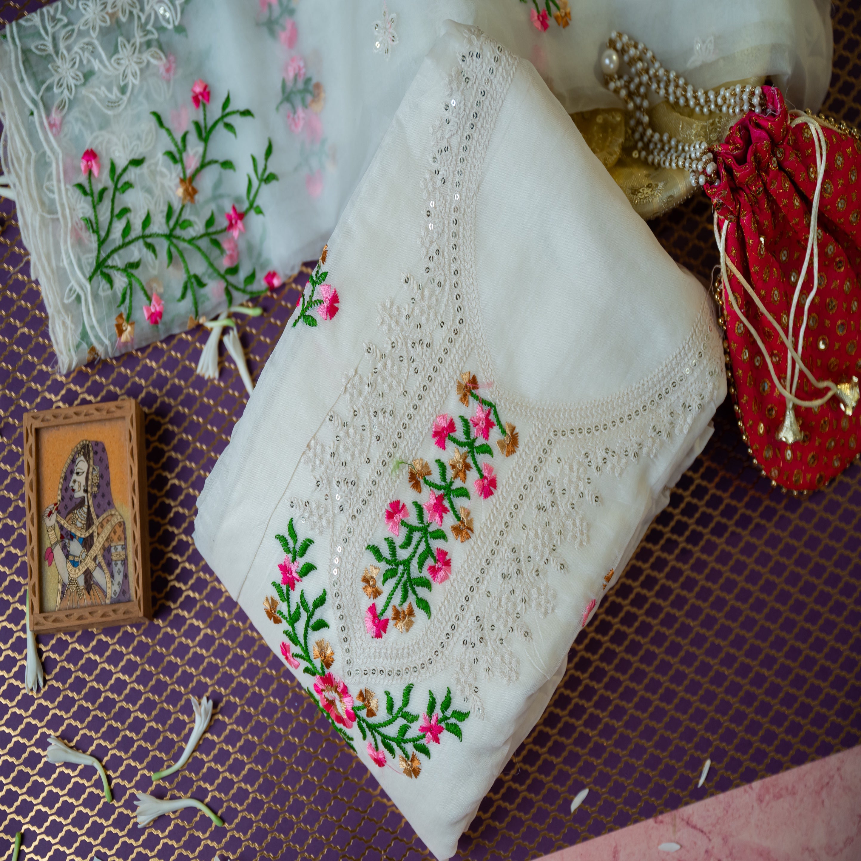 Pure Chanderi Unstitched Suit Material With Light weight Designer Dupatta - White