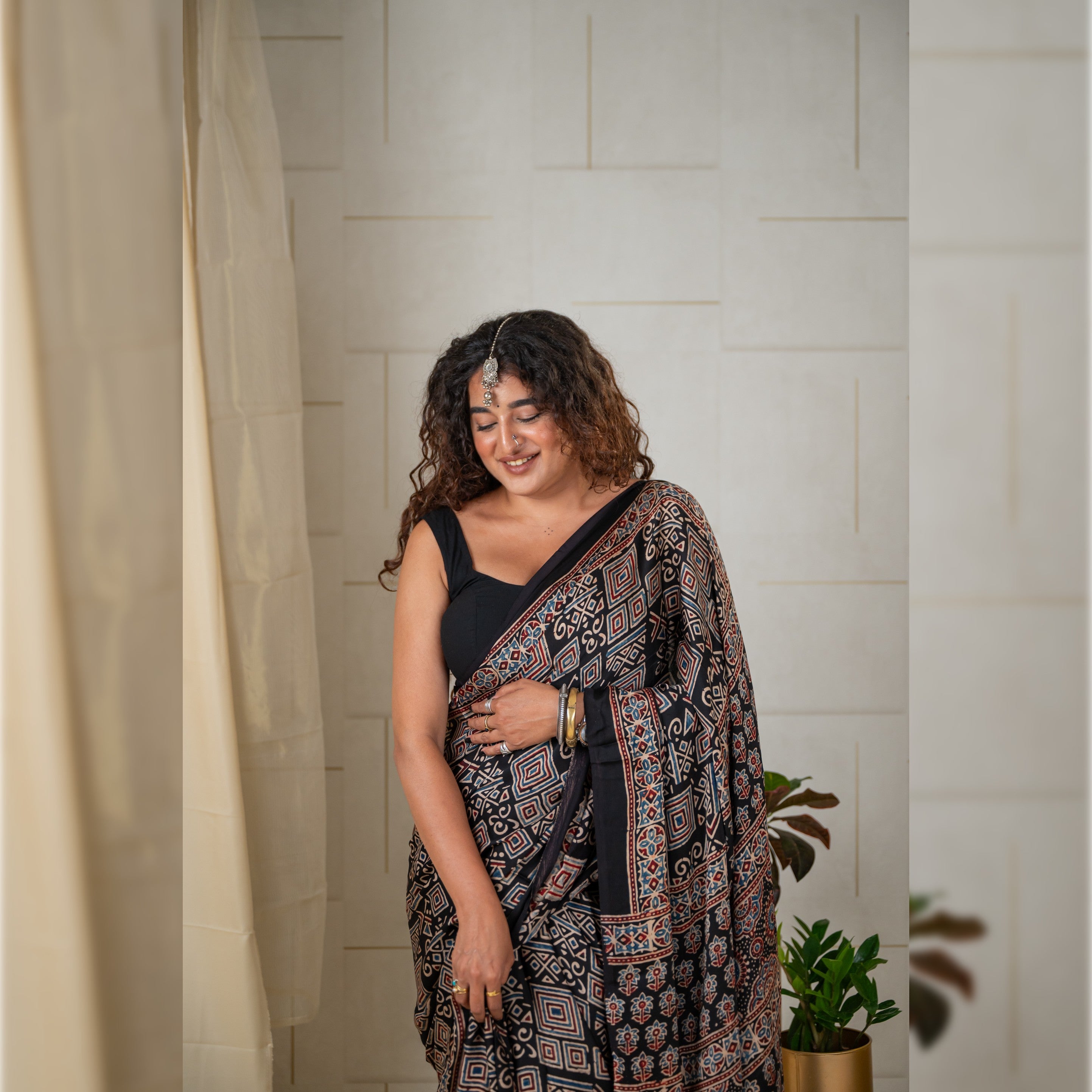 Modal Silk Ajrakh Saree With Natural Dyes - Black with Geometrical Pattern