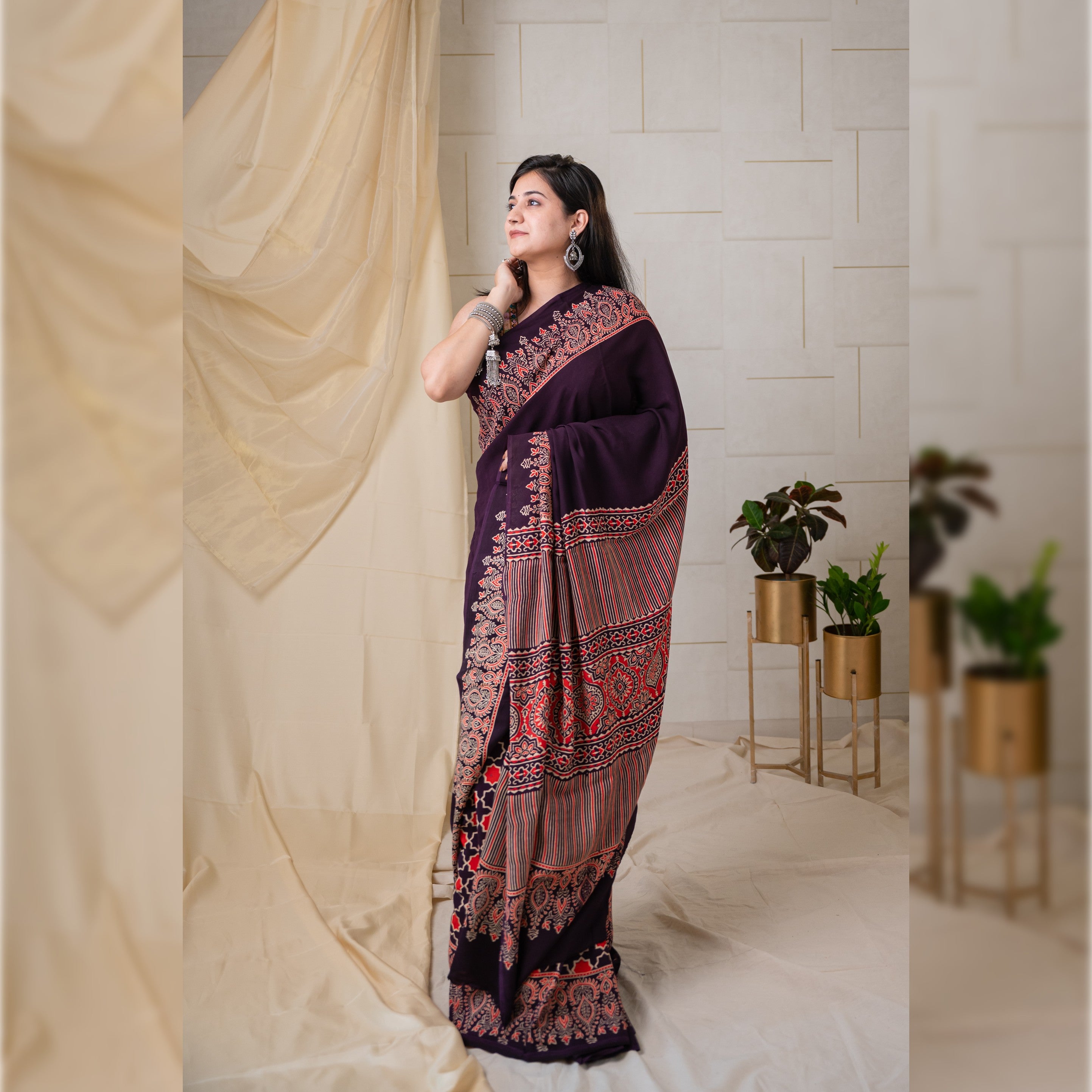 Modal Silk Ajrakh Saree With Hand Block - Wine Colour