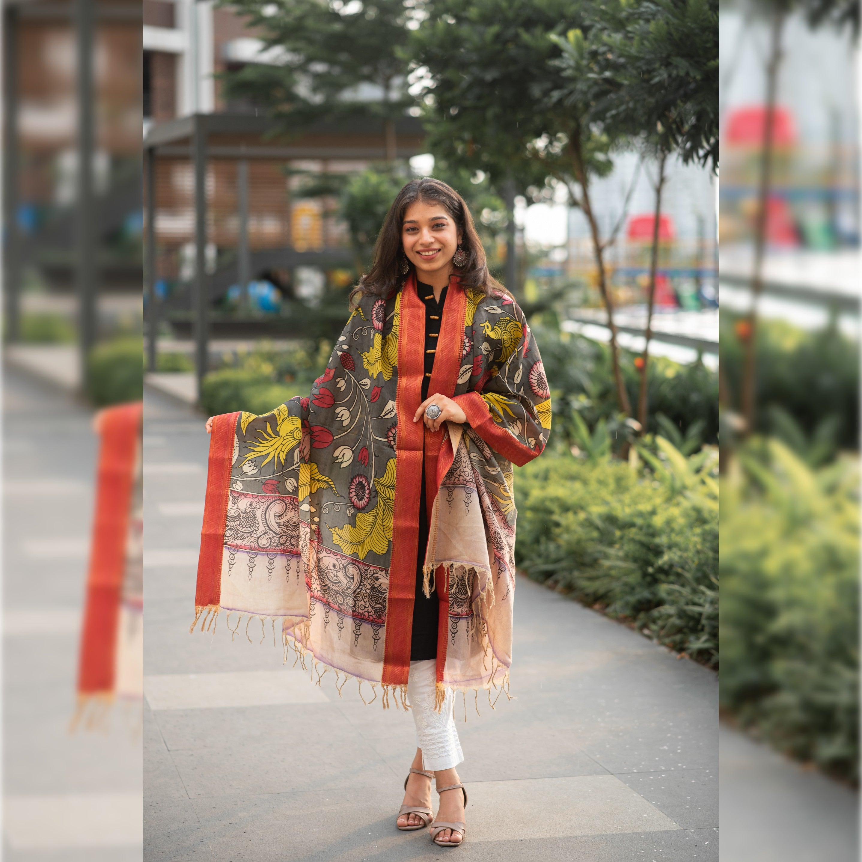 Pen Kalamkari Hand Painted Chinoor Silk Dupatta - Multicolour