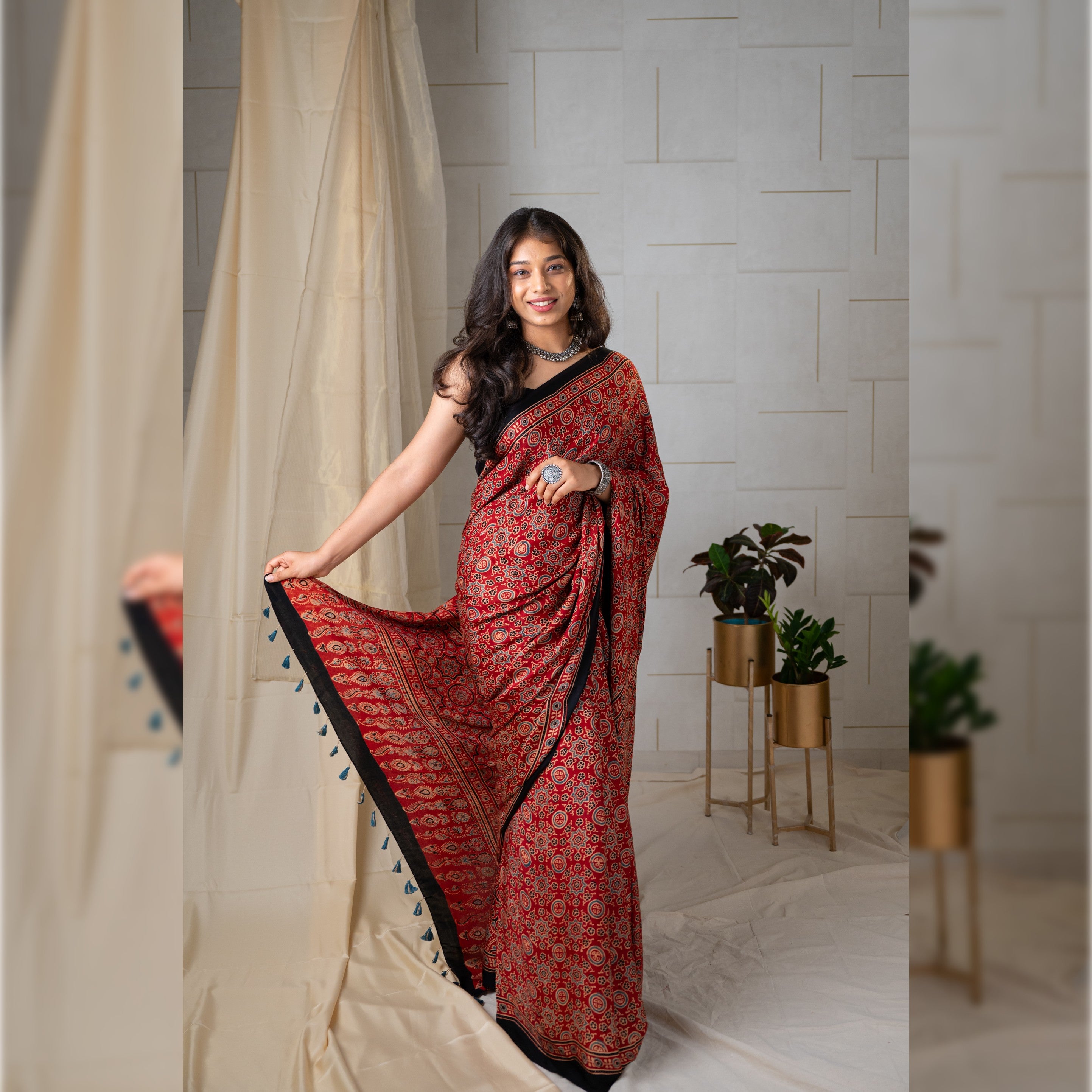 Modal Silk Ajrakh Saree With Natural Dyes - Red