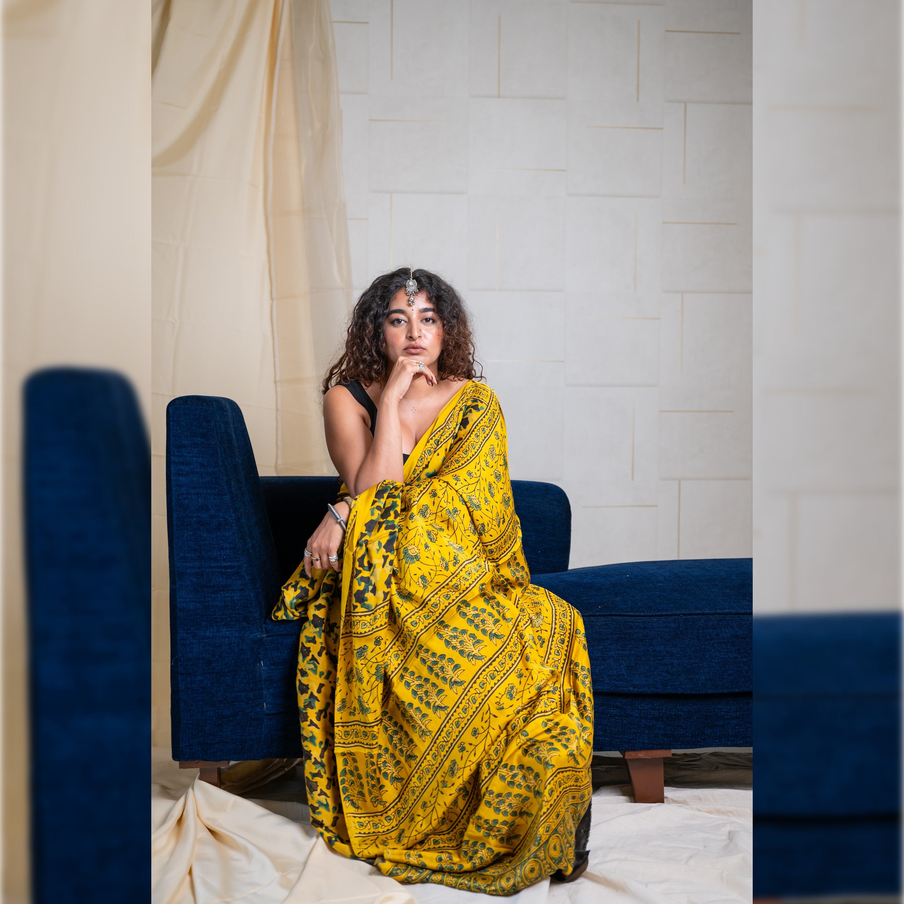 Modal Silk Ajrakh Saree With Natural Dyes - Yellow
