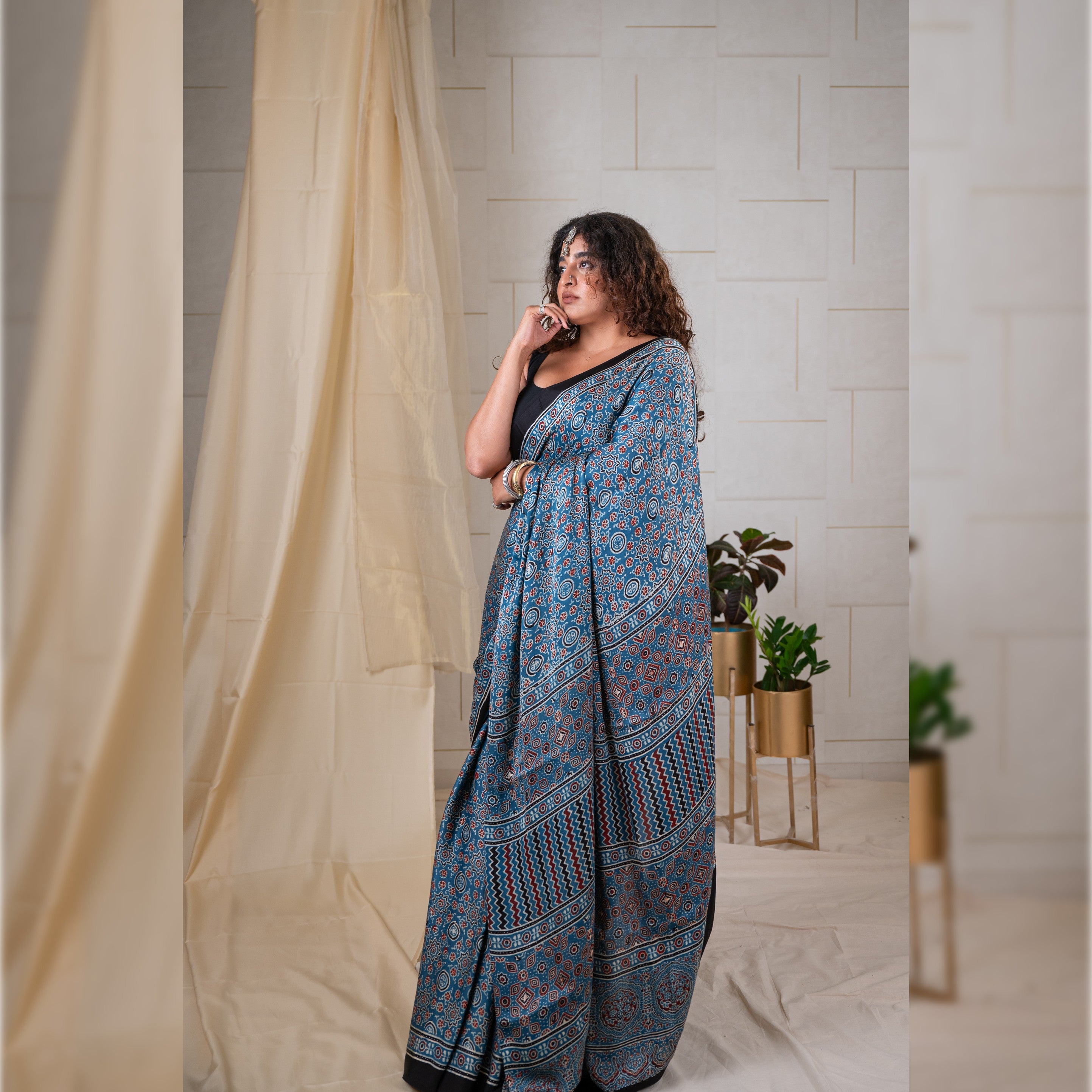 Modal Silk Ajrakh Saree With Natural Dyes - Indigo