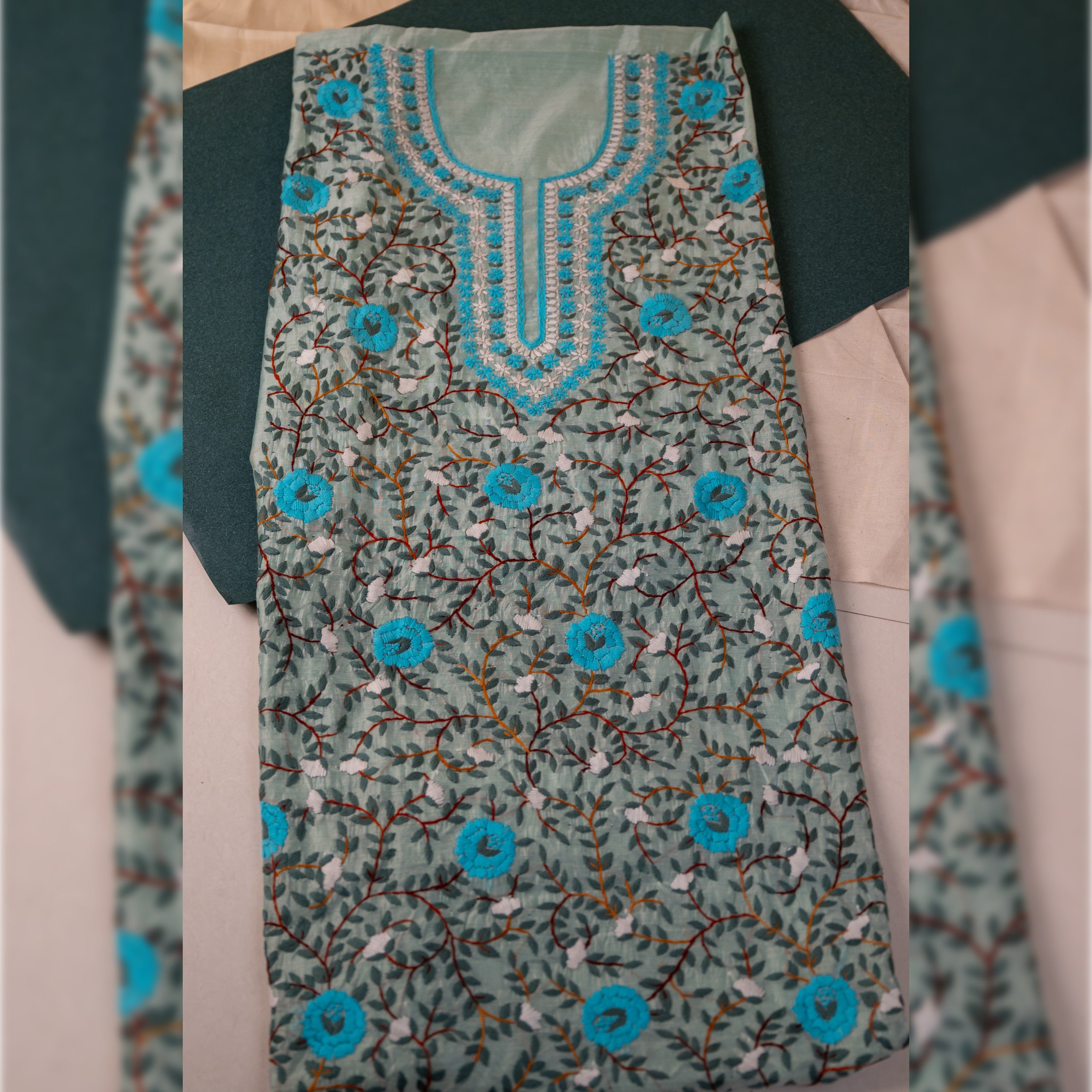 Hand embroidered Phulkari kurti unstitched fabric - Sky Blue, Light Pink and more