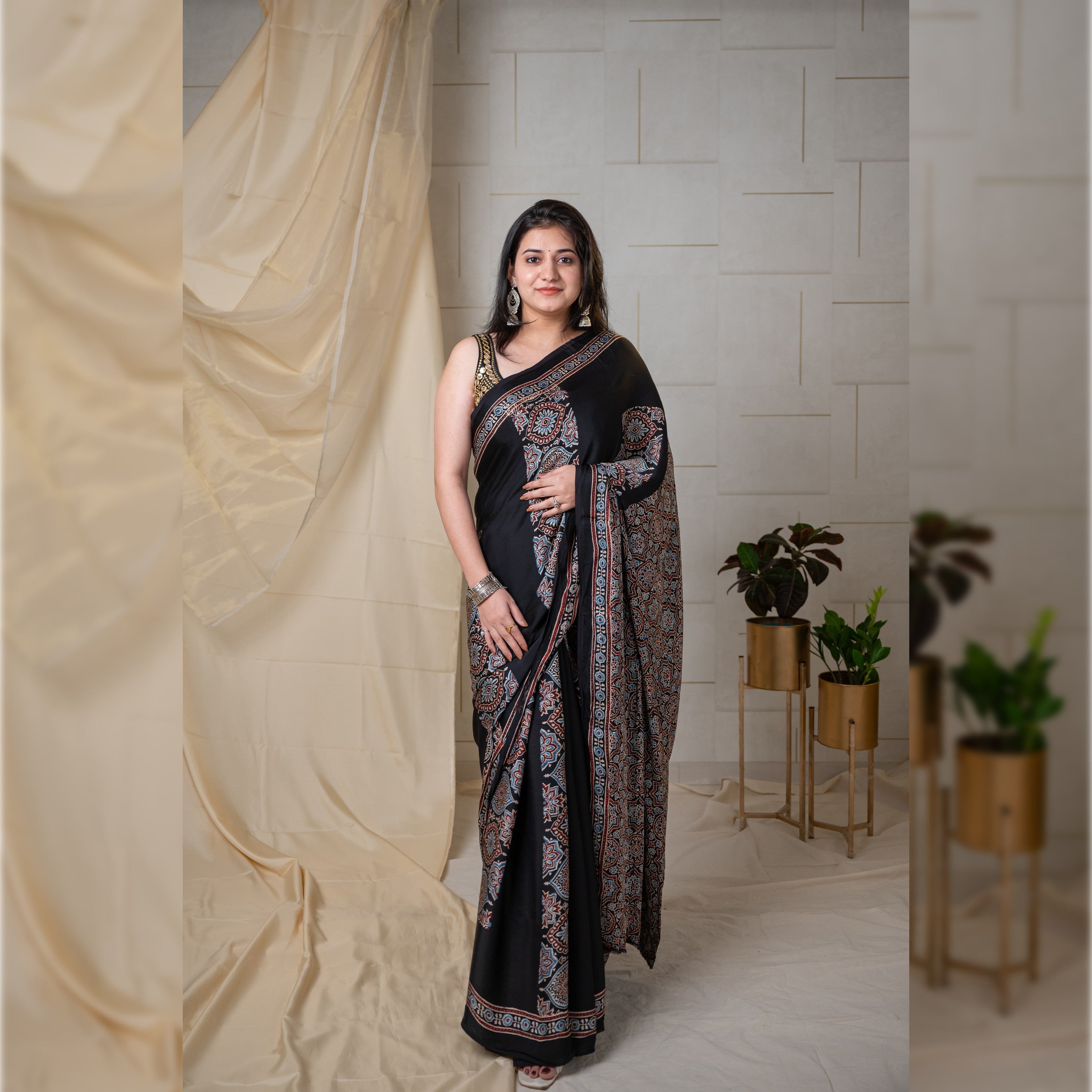 Modal Silk Ajrakh Saree With Natural Dyes - Black With Panels