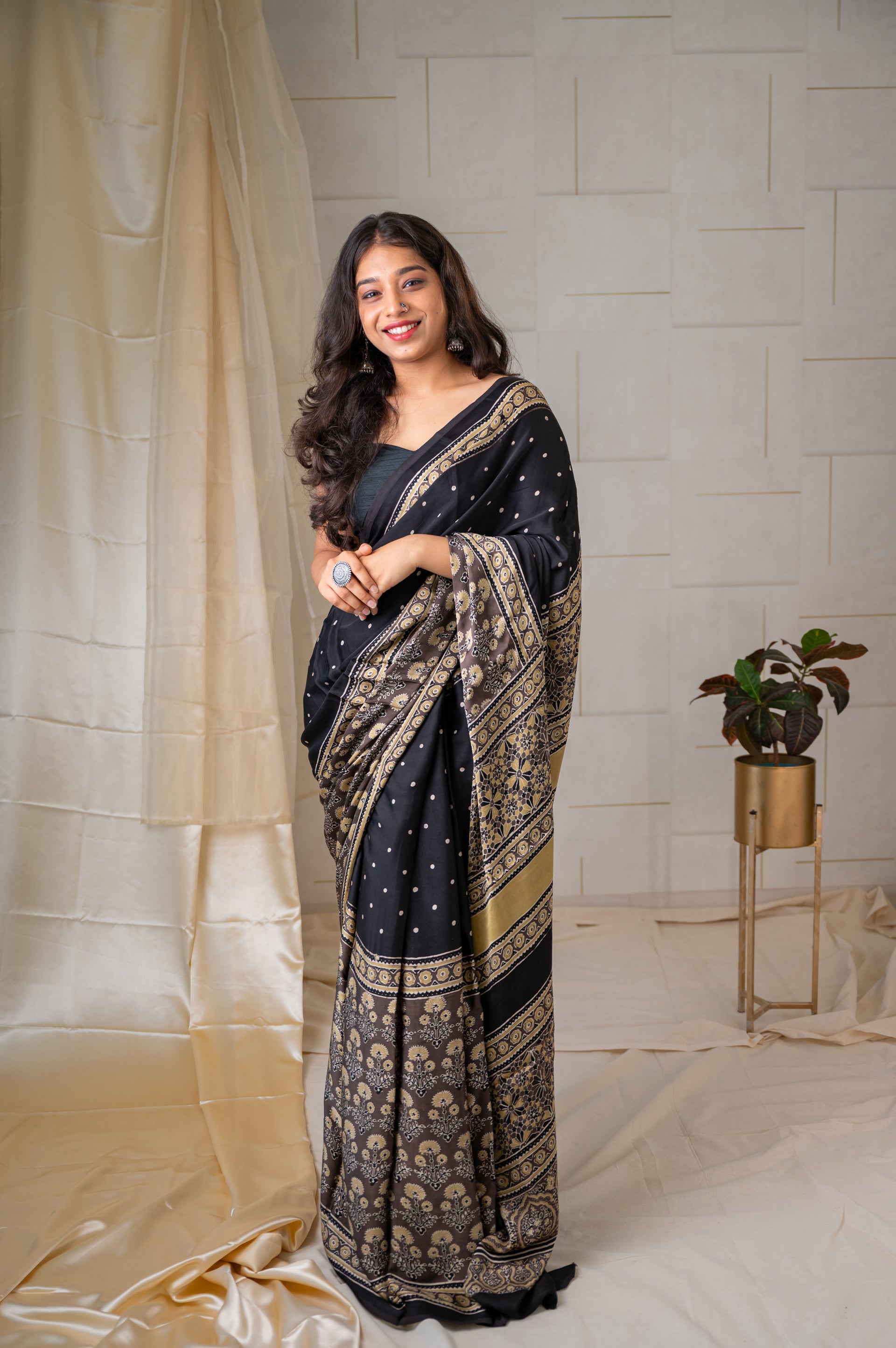 Modal Silk Ajrakh Saree With Natural Dyes - Black