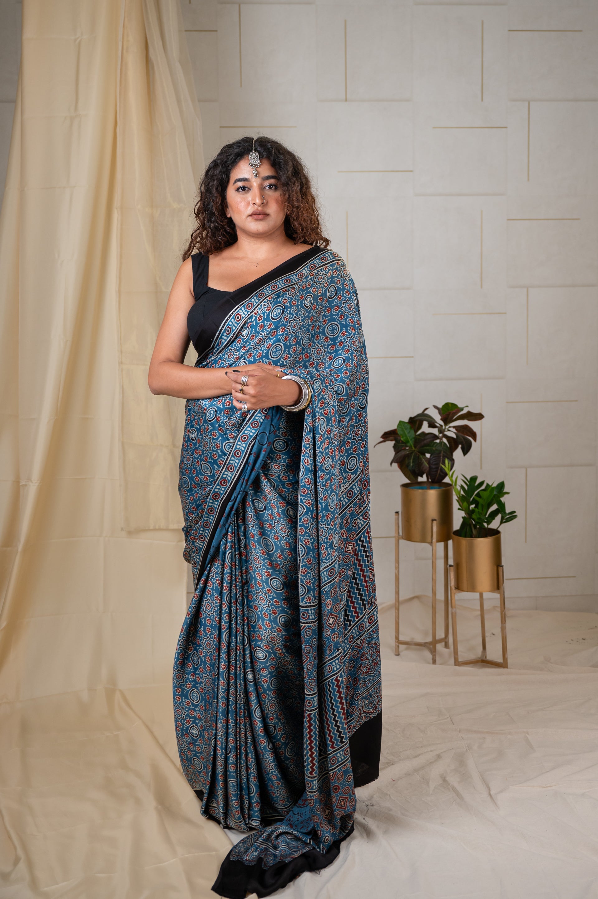 Modal Silk Ajrakh Saree With Natural Dyes - Indigo