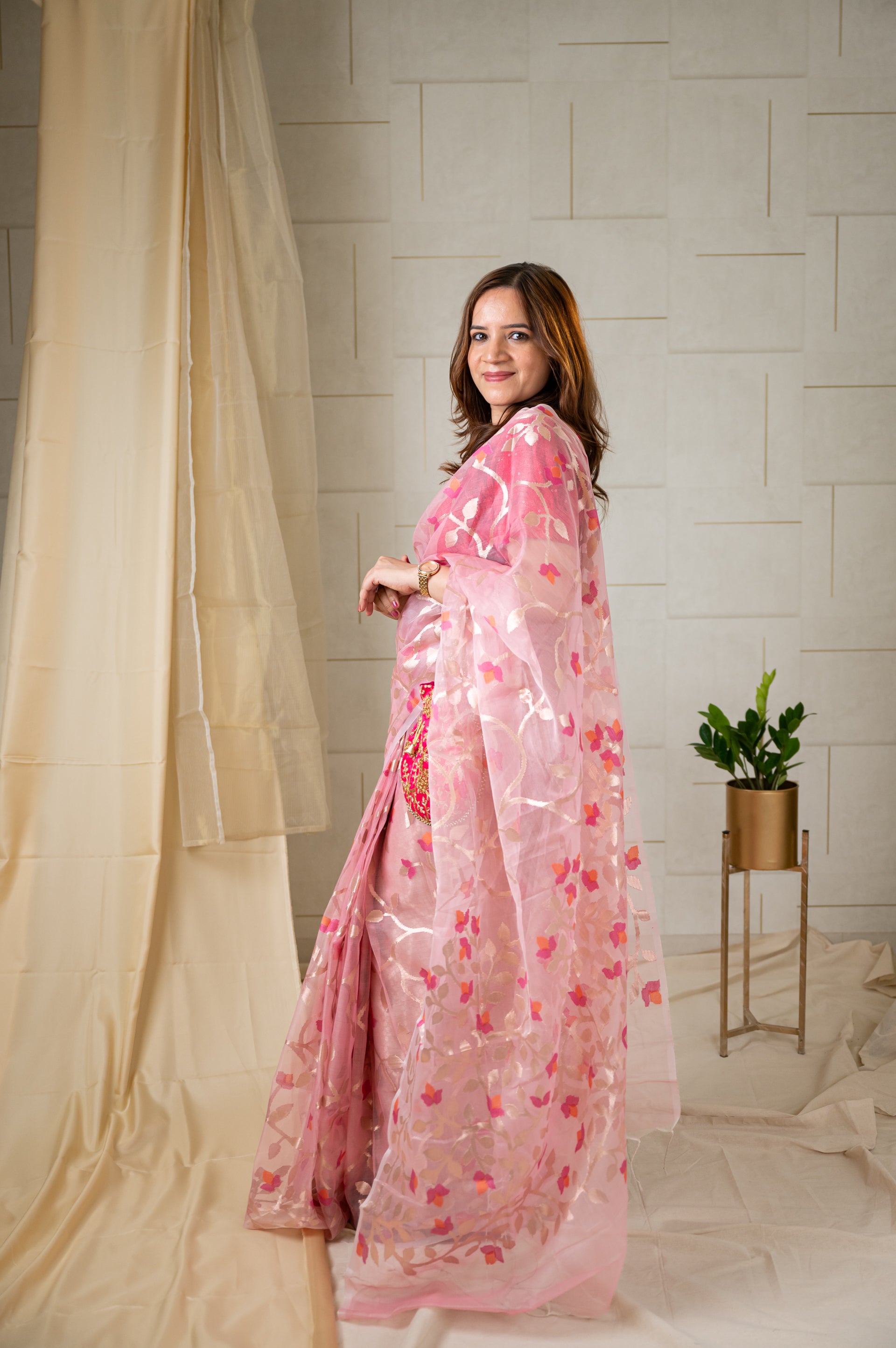 Muslin Jamdani Woven Saree - Pink, Blue, Yellow, Black