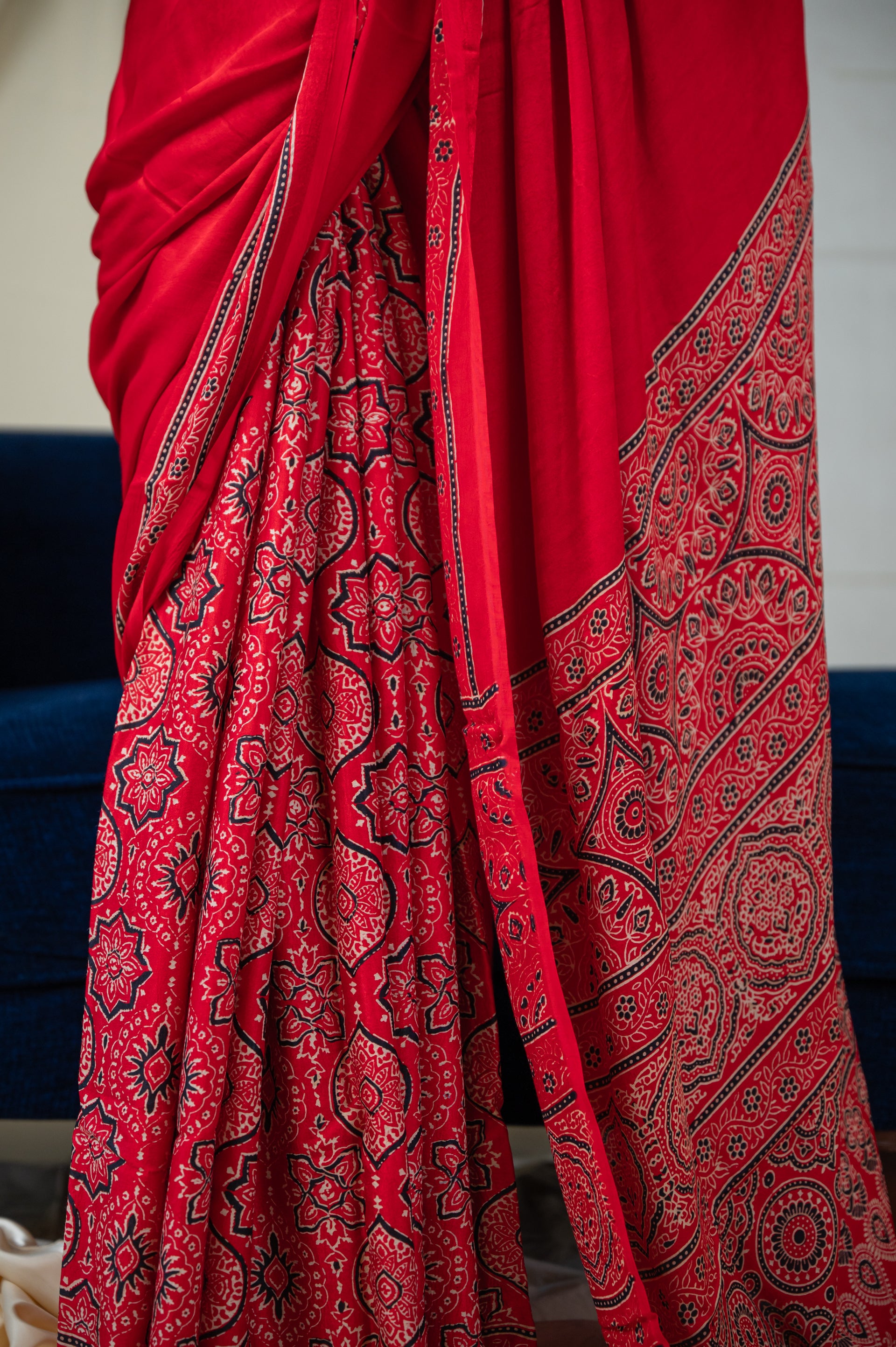 Modal Silk Ajrakh Saree With Hand Block - Red