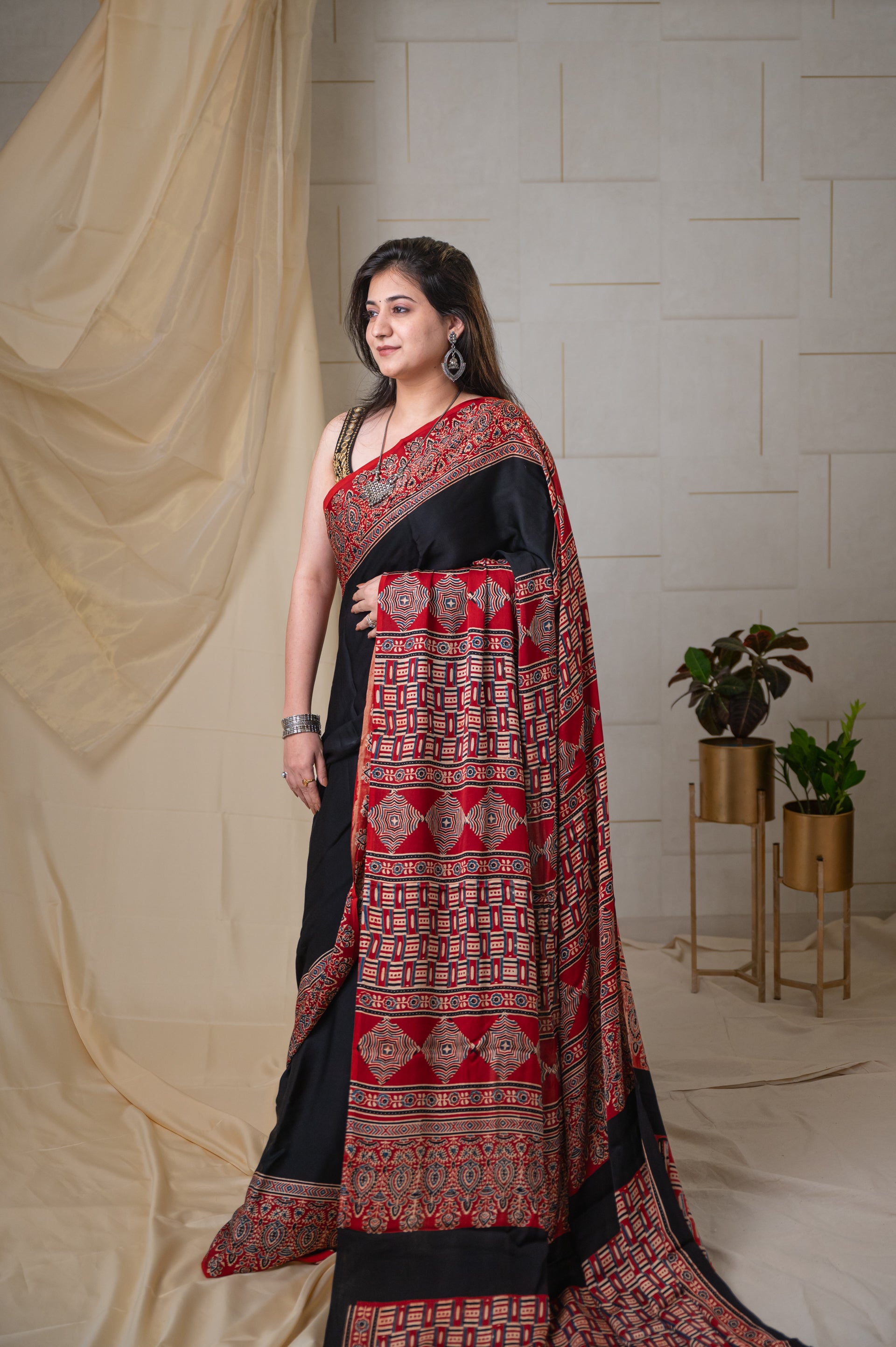 Modal Silk Ajrakh Saree With Natural Dyes - Black With Red Border