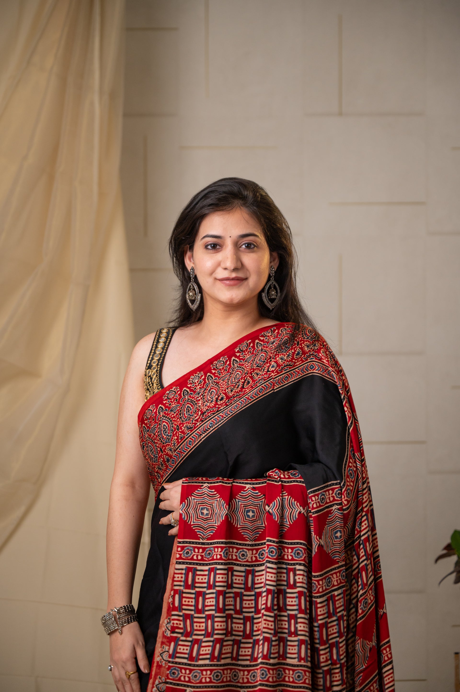 Modal Silk Ajrakh Saree With Natural Dyes - Black With Red Border