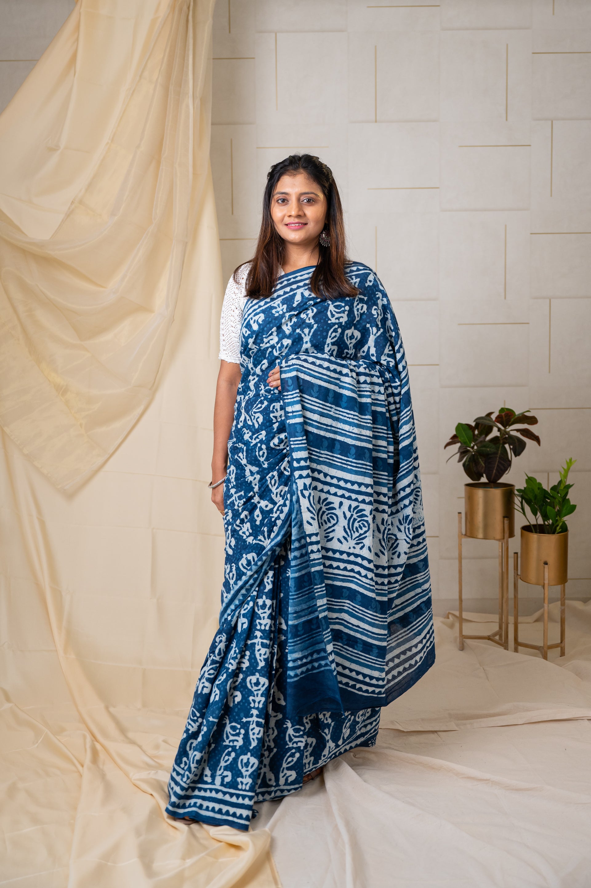 Bagru Hand-Block Saree Cotton - Indigo