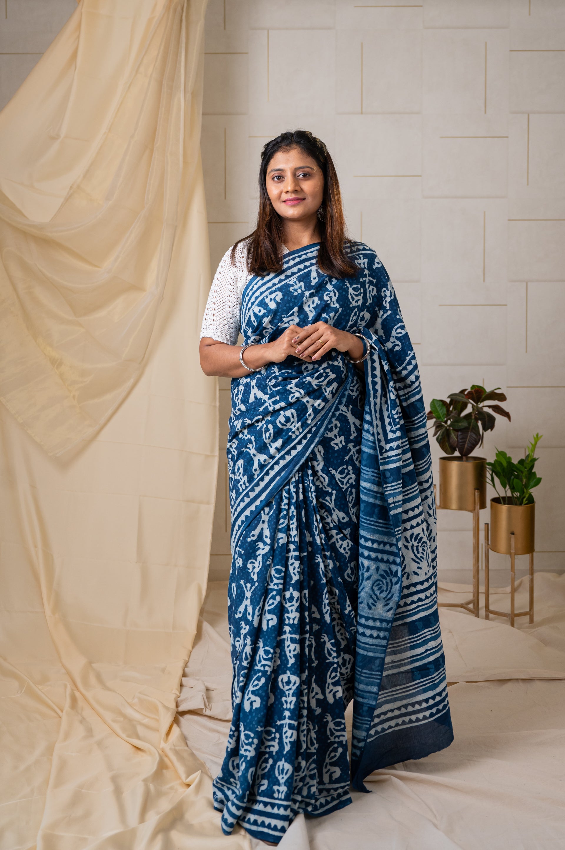 Bagru Hand-Block Saree Cotton - Indigo