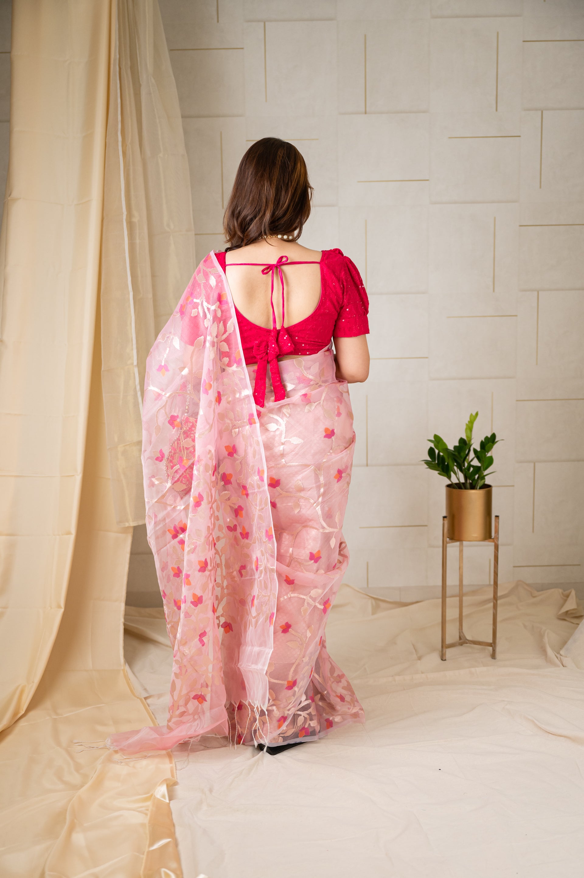 Muslin Jamdani Woven Saree - Pink, Blue, Yellow, Black