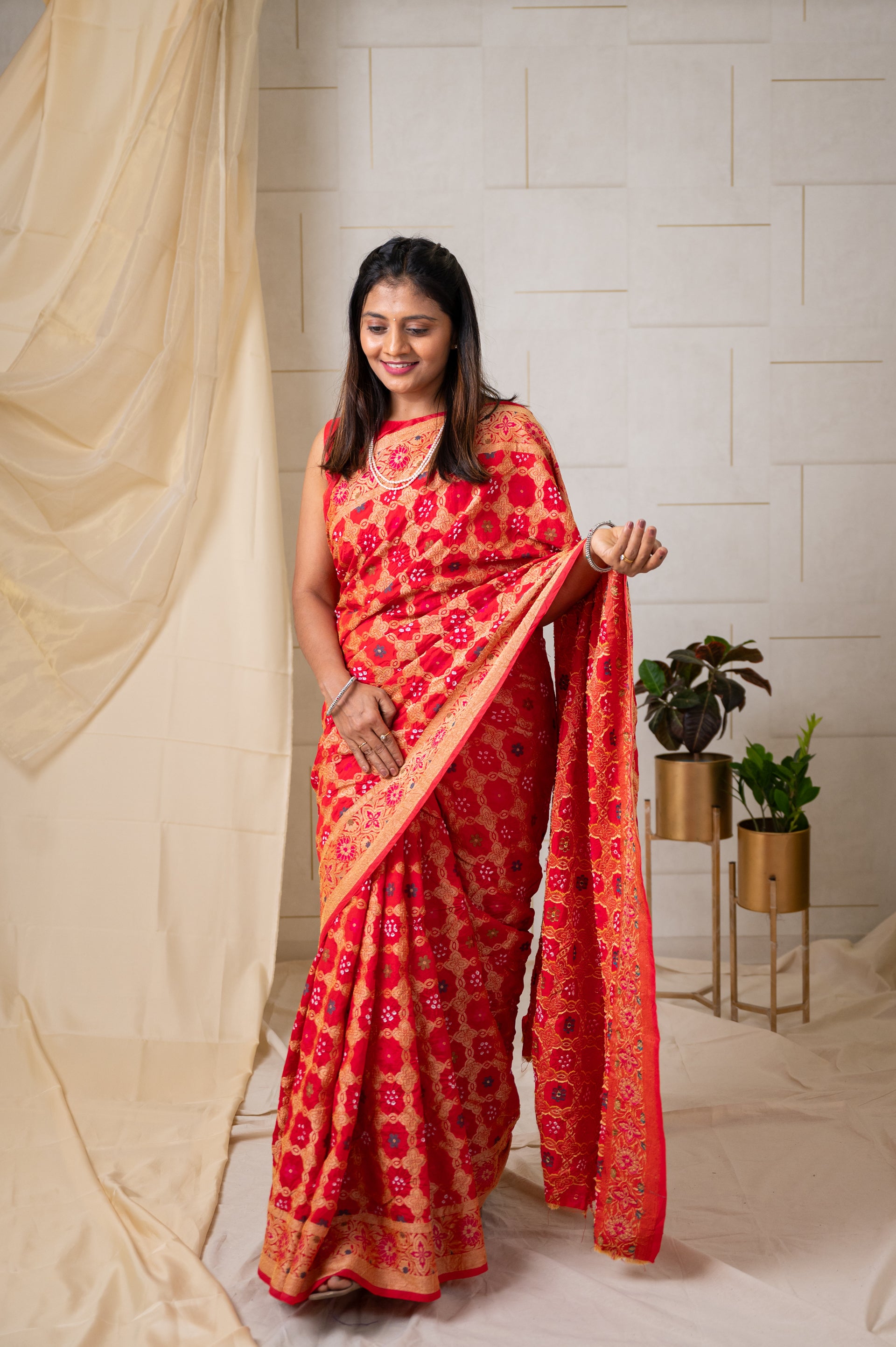 Dupion Silk Banarasi Weave with Bandhani Saree - Dark Red