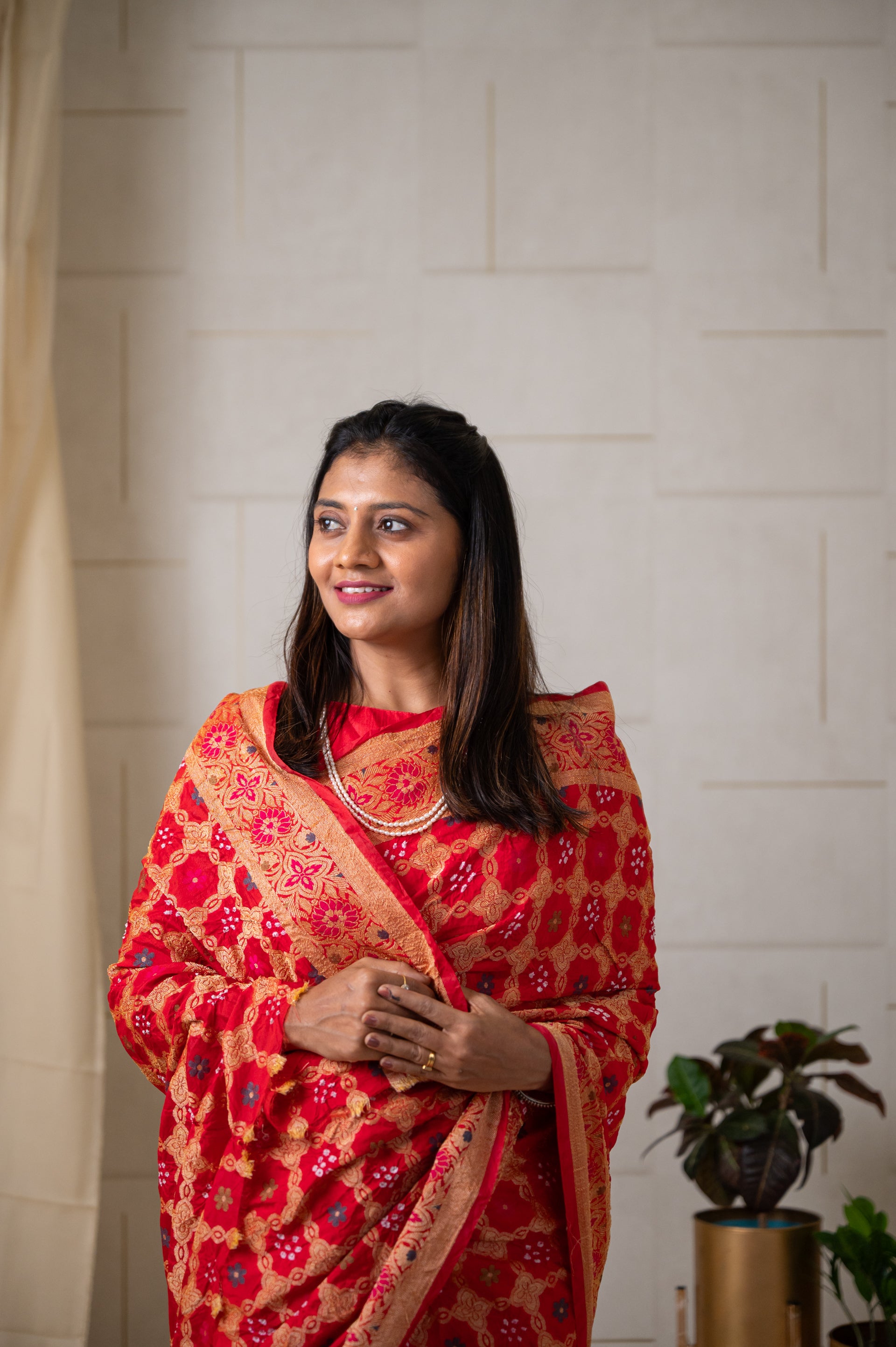 Dupion Silk Banarasi Weave with Bandhani Saree - Dark Red