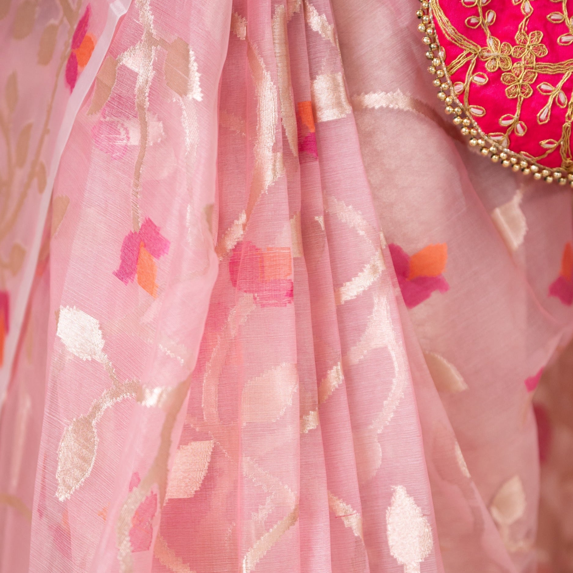 Muslin Jamdani Woven Saree - Pink, Blue, Yellow, Black