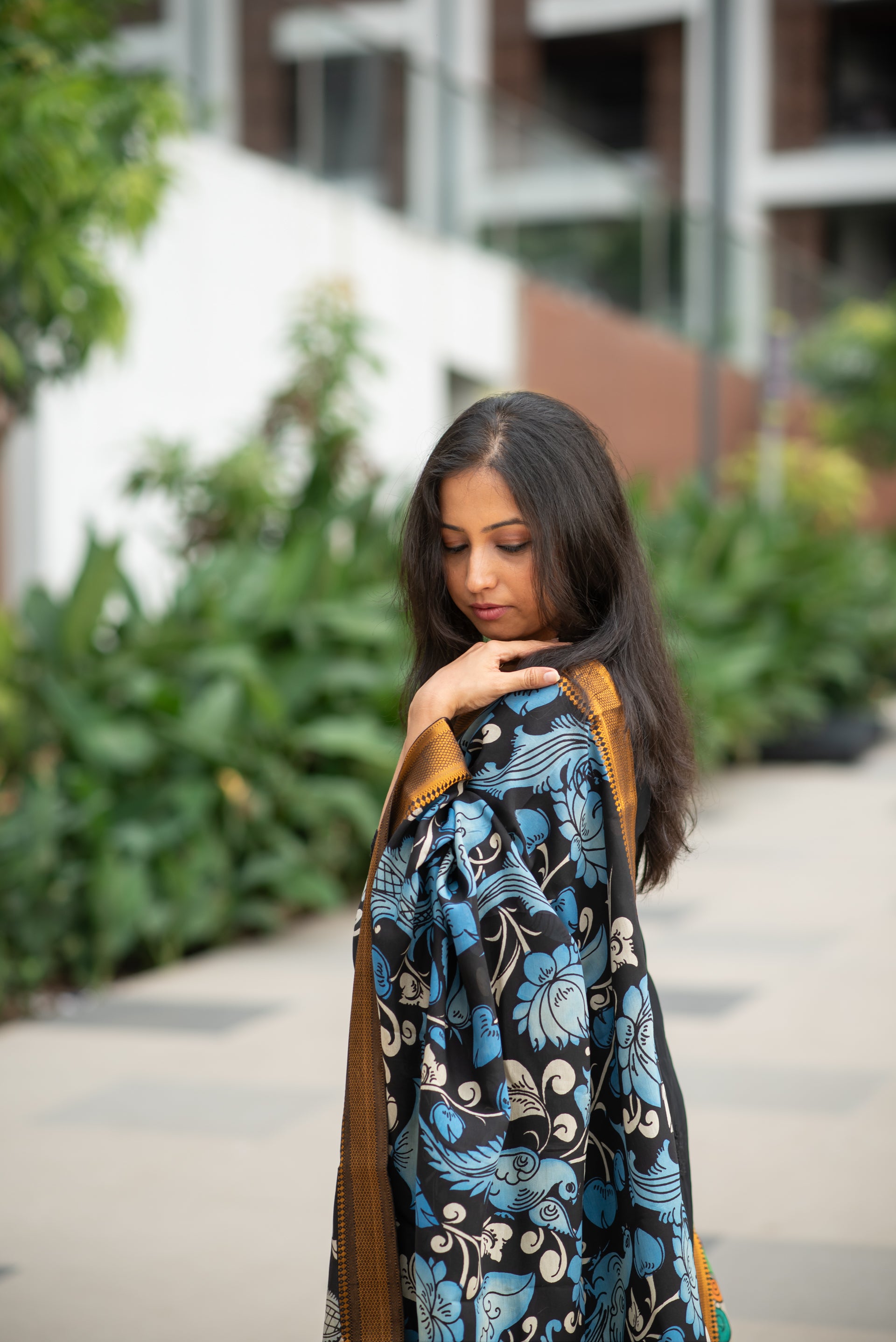 Pen Kalamkari Hand Painted Chinoor Silk Dupatta - Blue