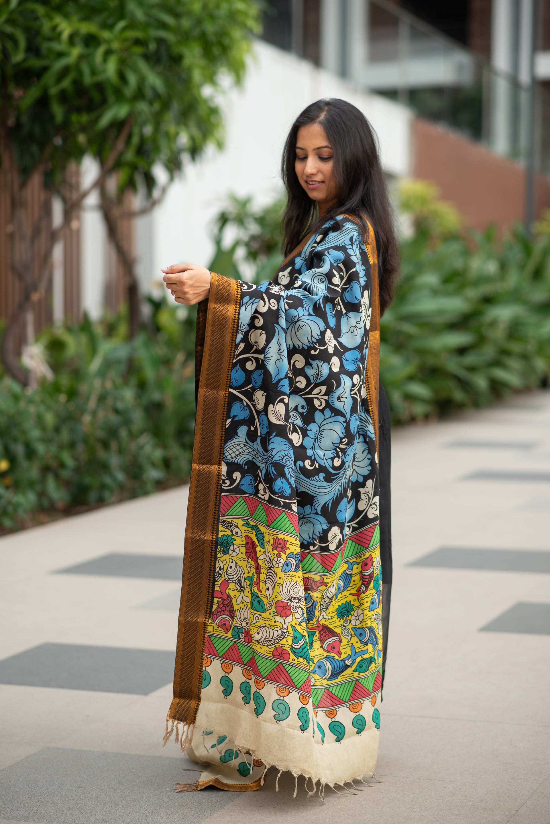 Pen Kalamkari Hand Painted Chinoor Silk Dupatta - Blue