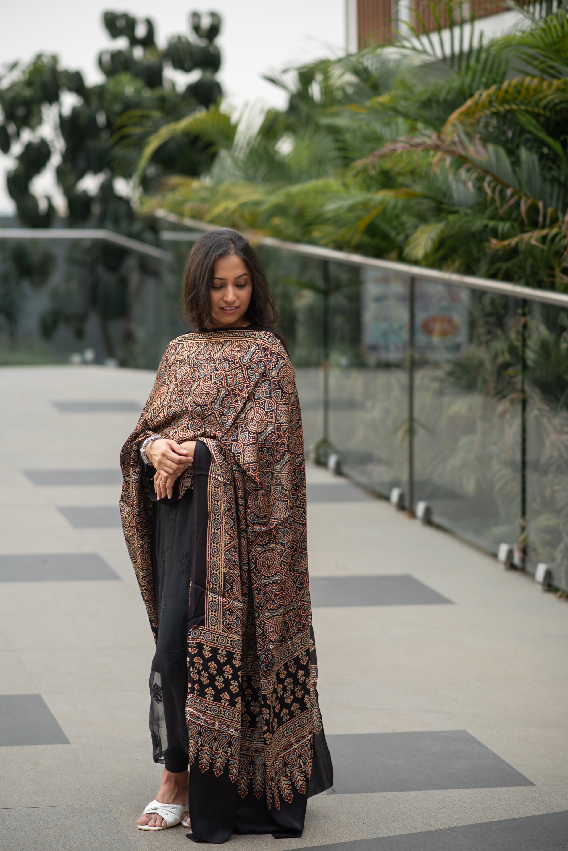 Modal Silk Ajrakh Dupatta - Black Phulari Modal Silk Ajrakh Dupatta - Black Phulari