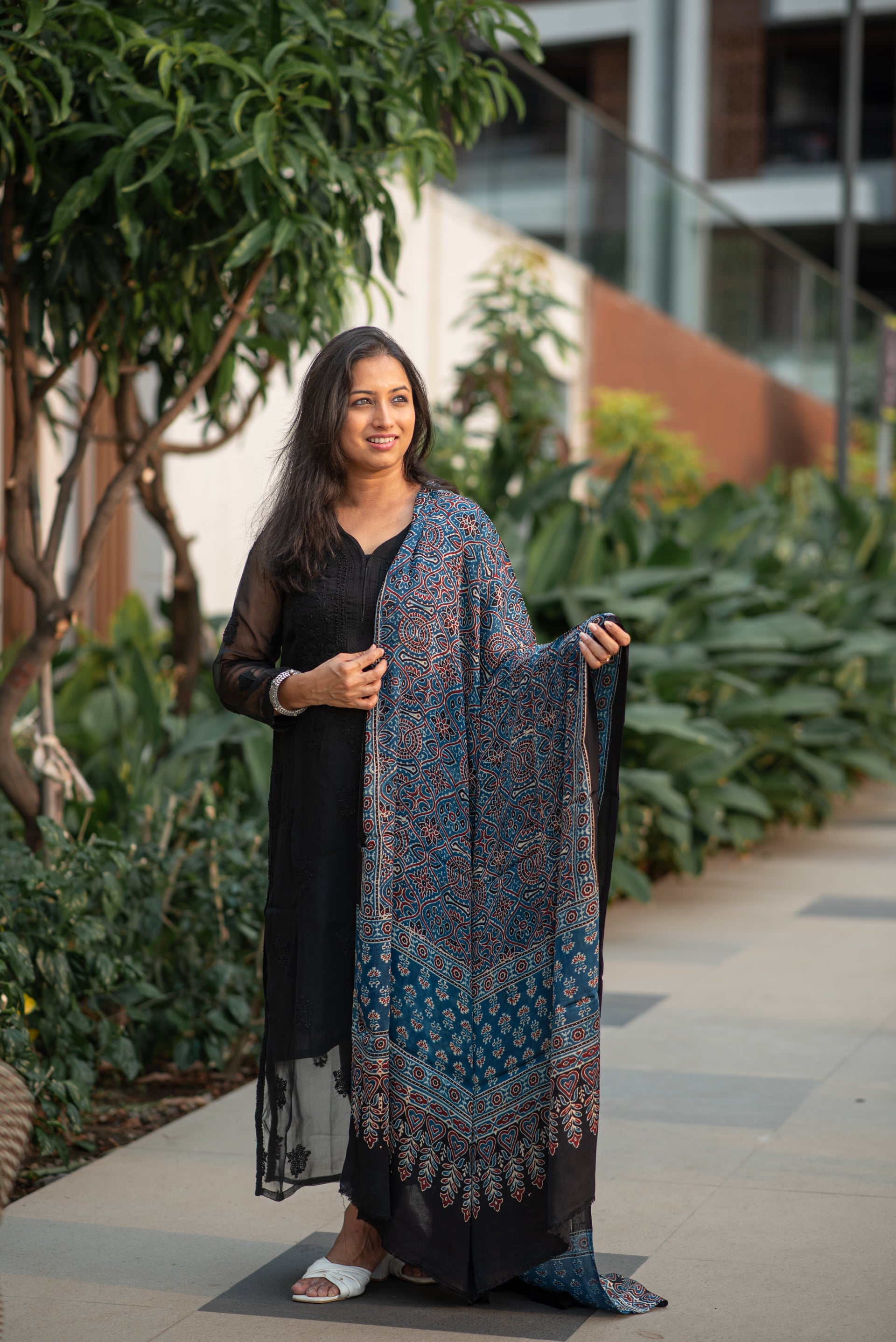 Modal Silk Ajrakh Dupatta - Blue and Black