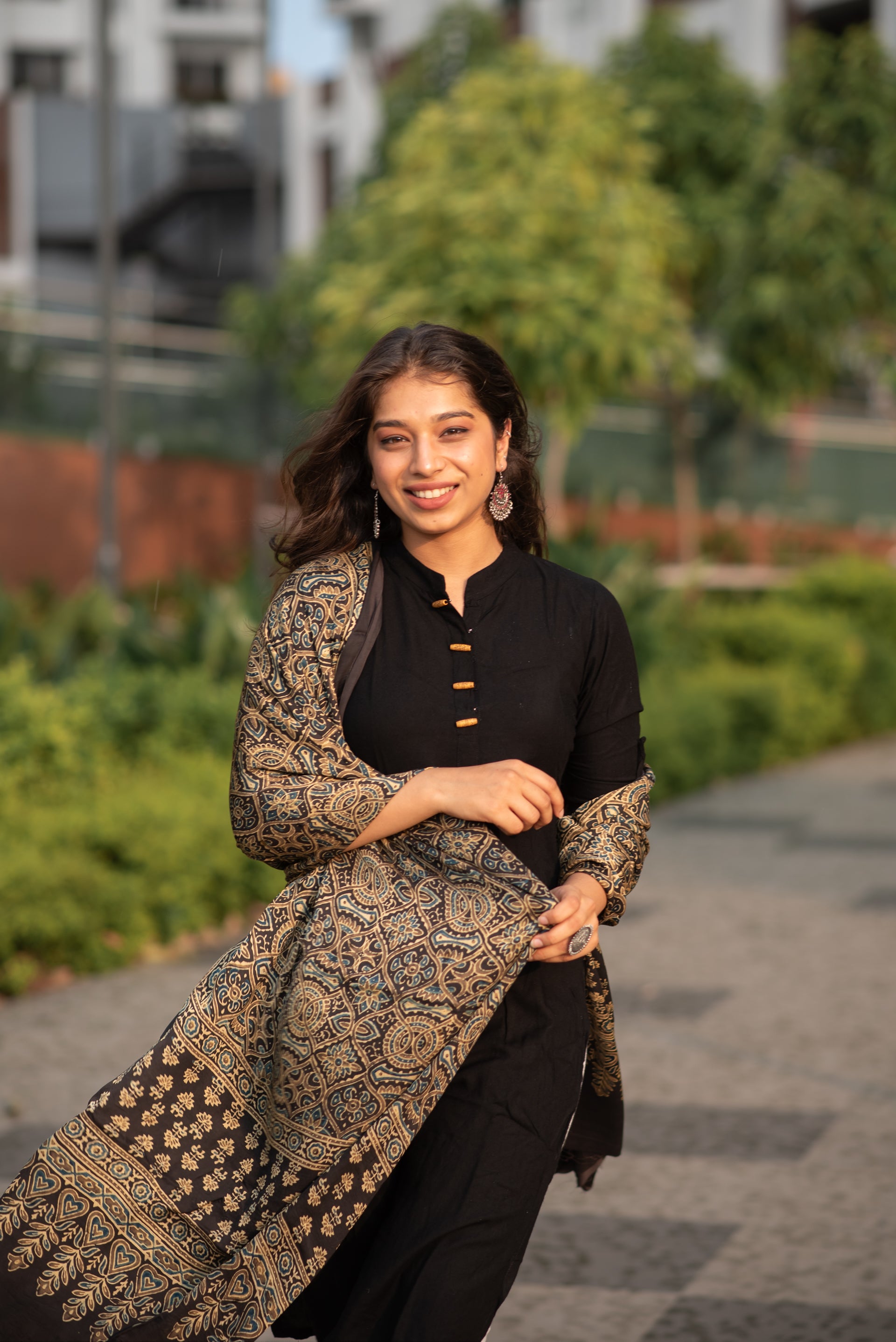 Modal Silk Ajrakh Dupatta- Black and Gold Phulari Modal Silk Ajrakh Dupatta- Black and Gold Phulari