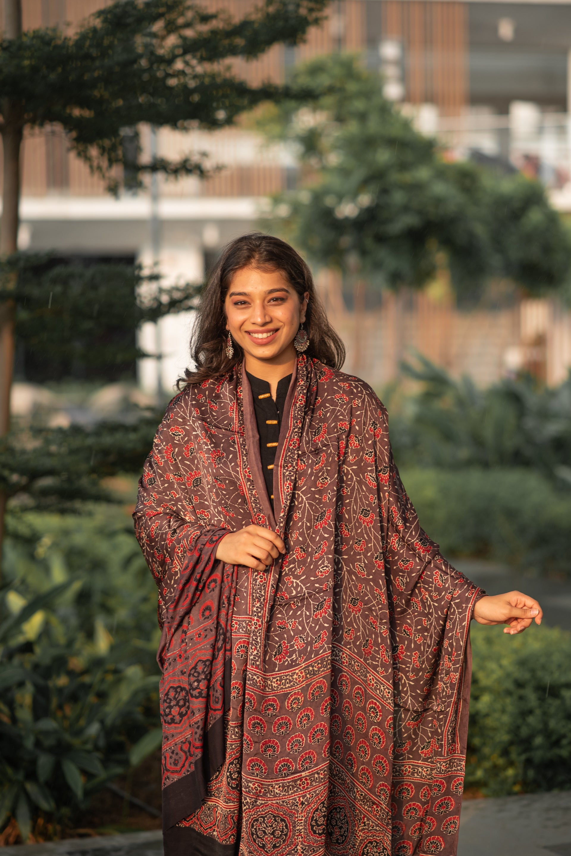Modal Silk Ajrakh Dupatta - Brown