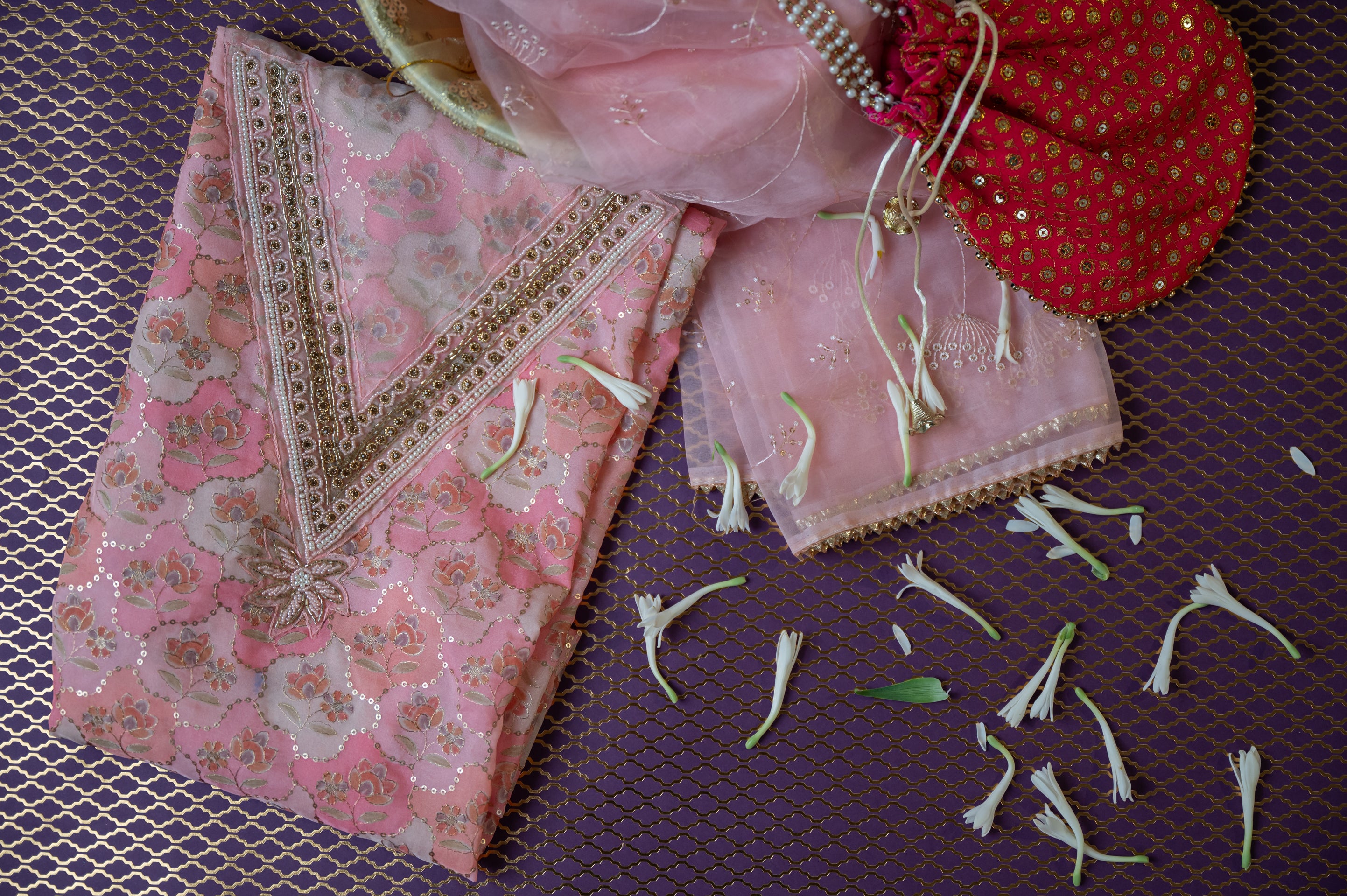 Soft Organza Unstitched Suit Material - Pink With Designer Dupatta