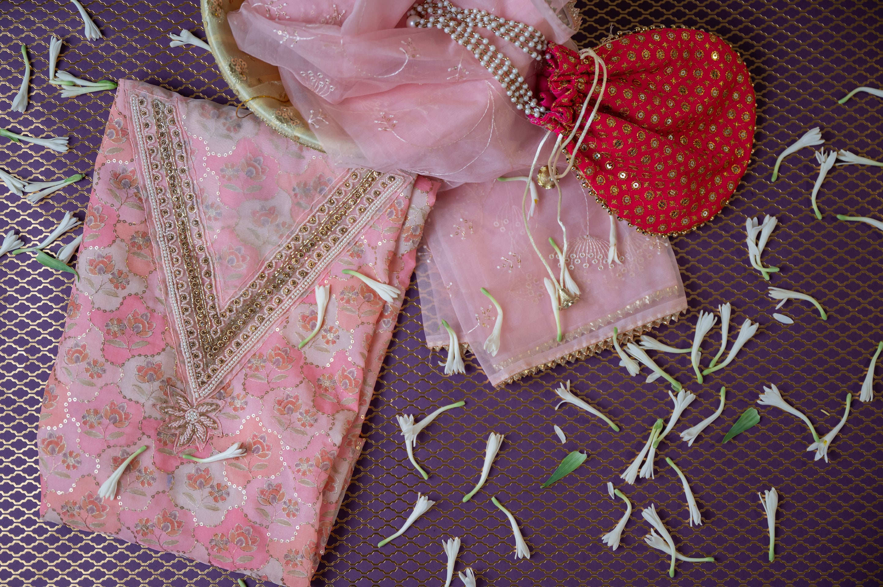 Soft Organza Unstitched Suit Material - Pink With Designer Dupatta