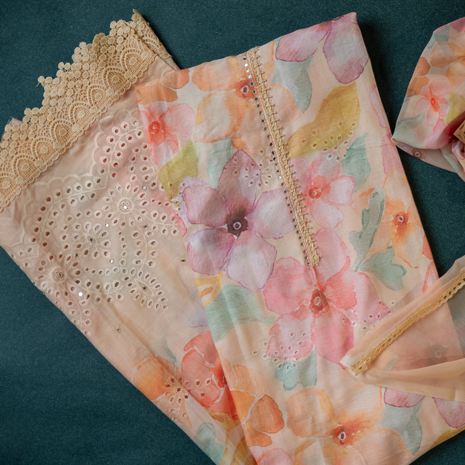 Pure Soft Cotton Unstitched Suit Material - Beige With Soft Chiffon Dupatta