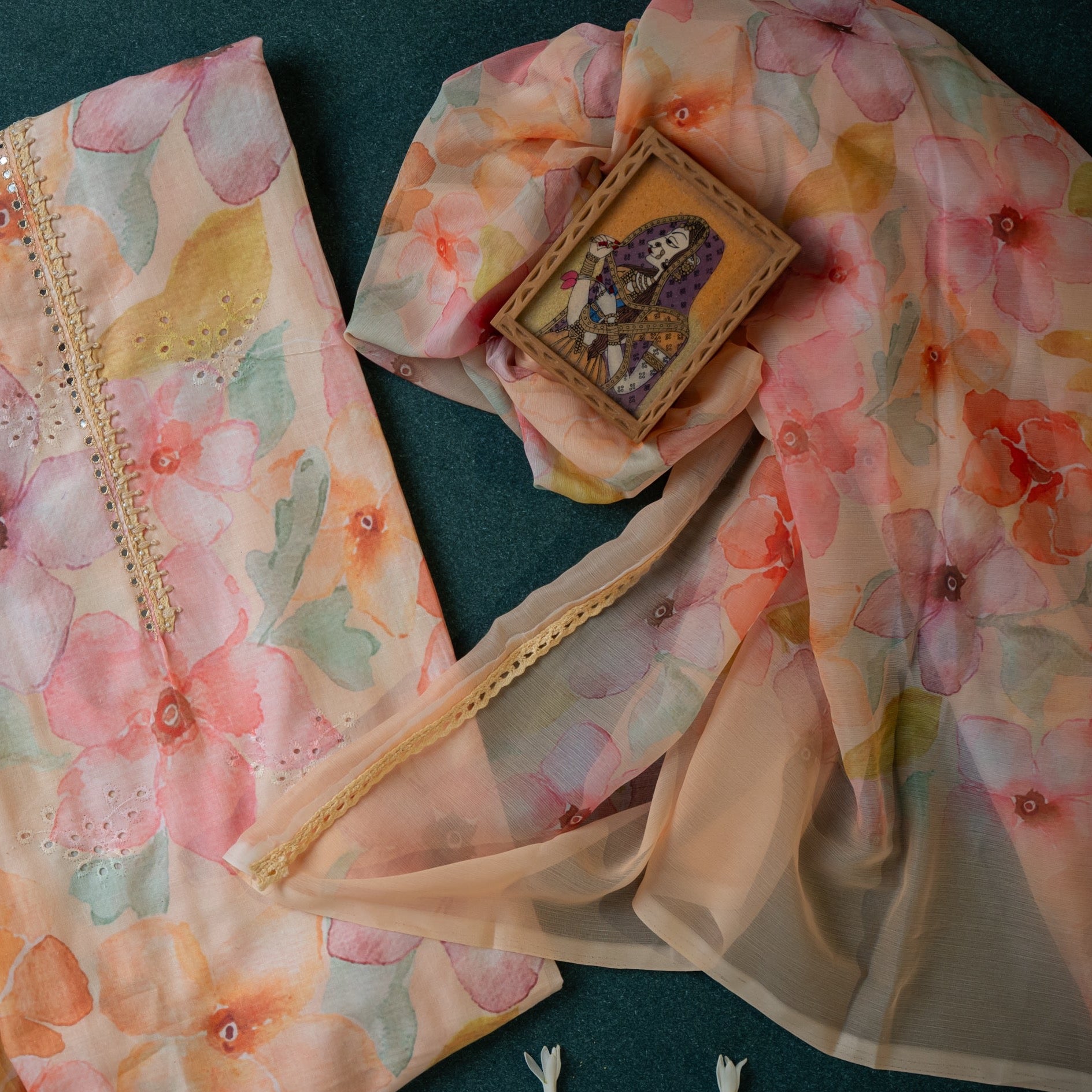 Pure Soft Cotton Unstitched Suit Material - Beige With Soft Chiffon Dupatta