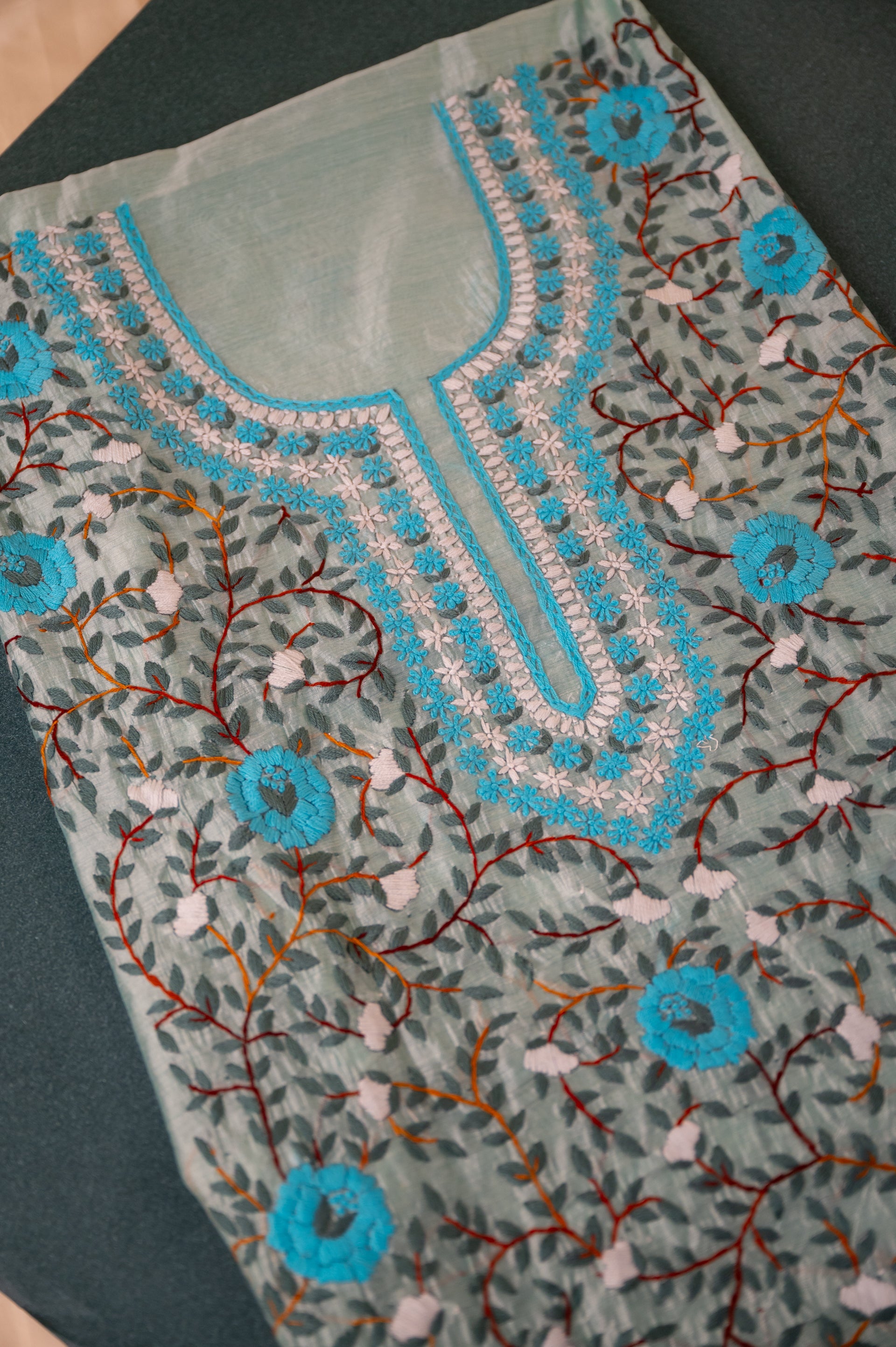 Hand embroidered Phulkari kurti unstitched fabric - Sky Blue, Light Pink and more