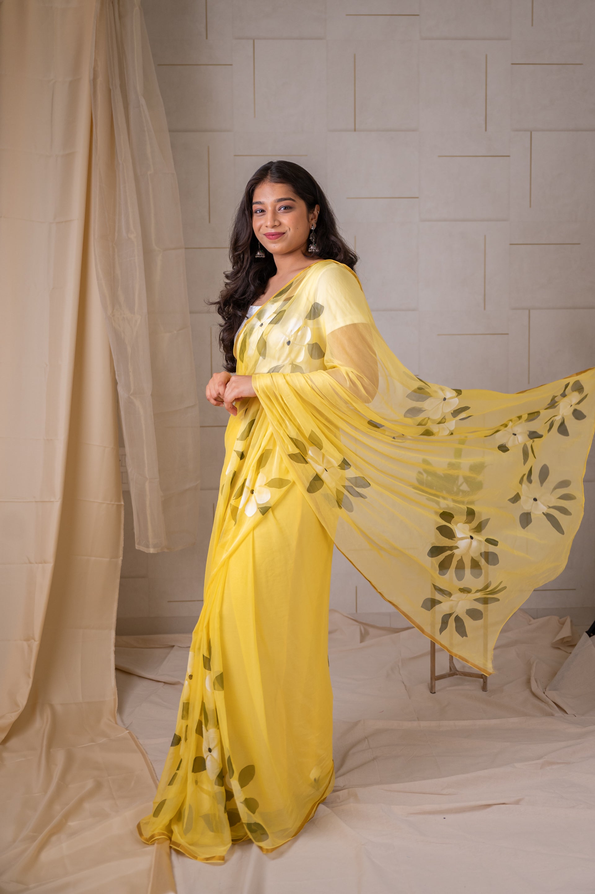 Hand-Painted chiffon Saree Yellow