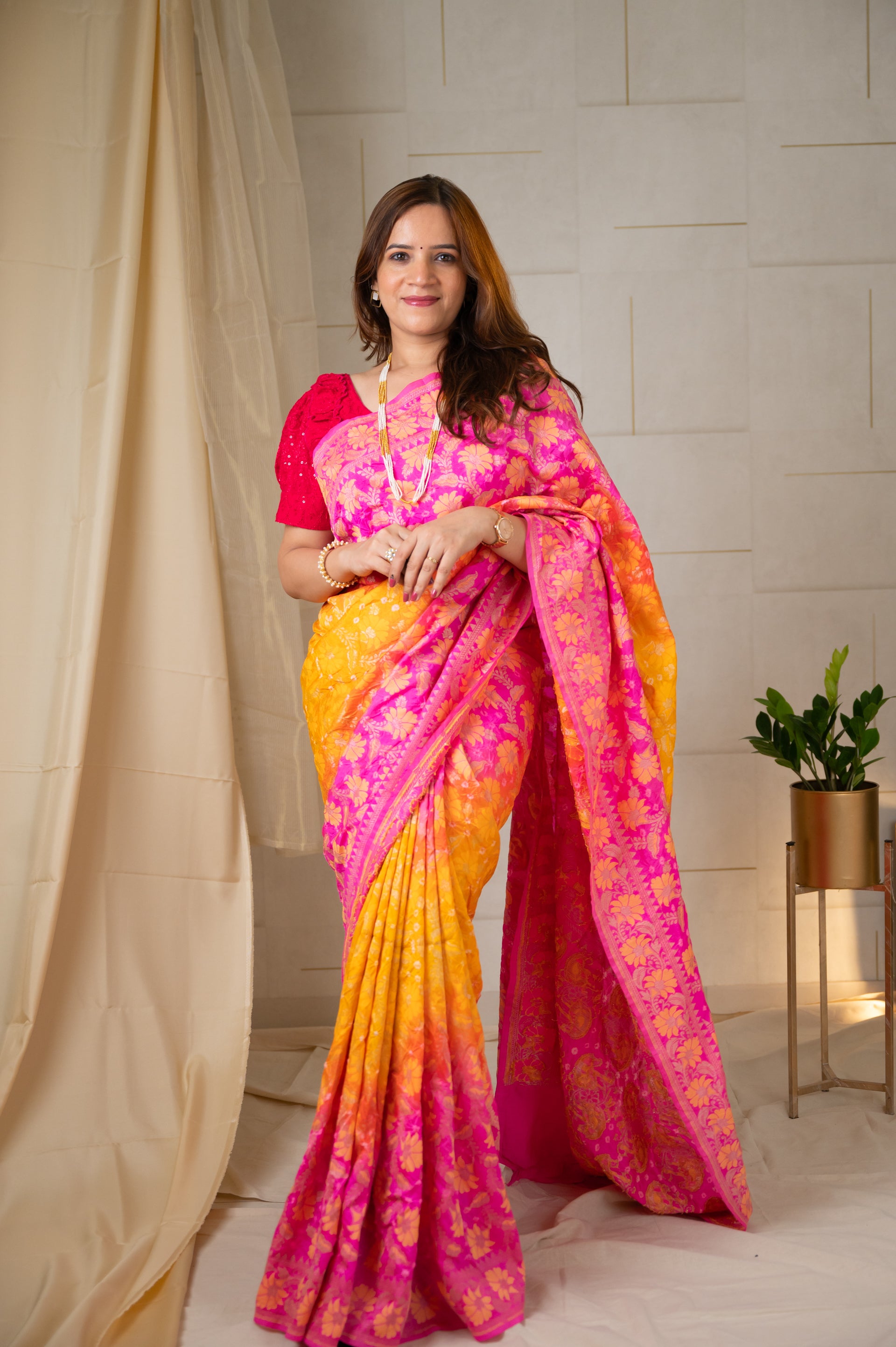 Dupion Silk Banarasi Weave with Bandhani Saree - Pink and Yellow