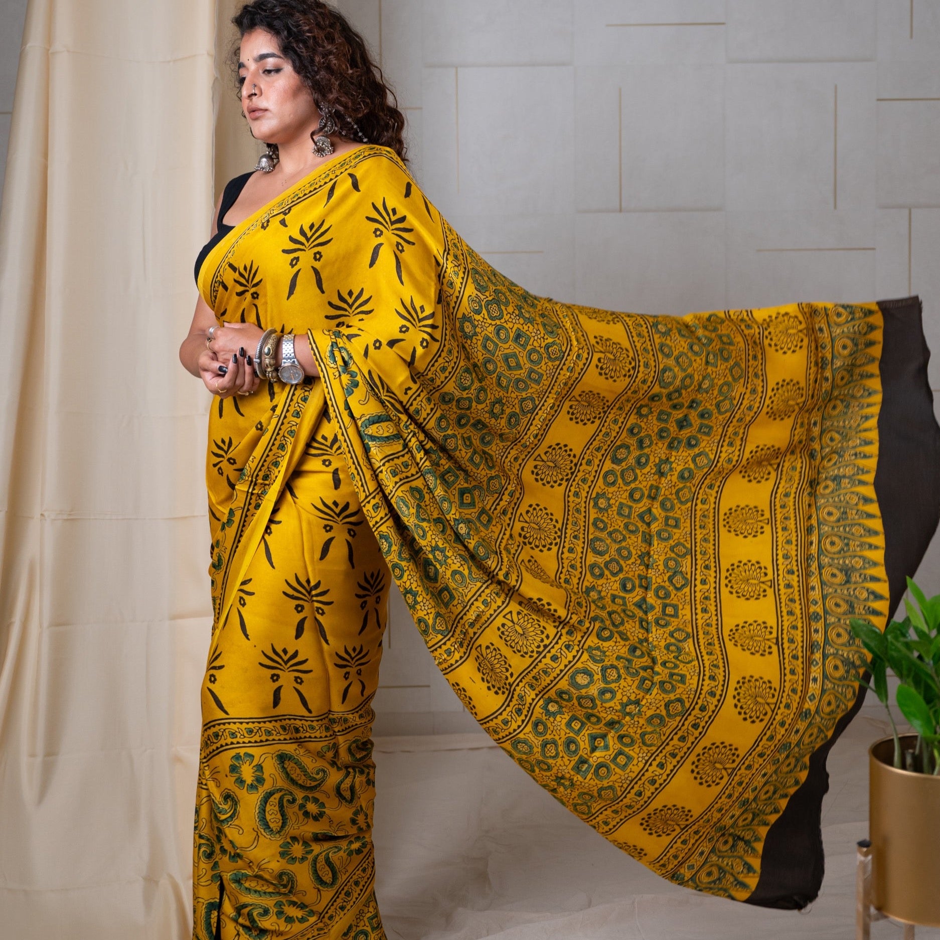 Modal Silk Ajrakh Saree With Natural Dyes - Yellow