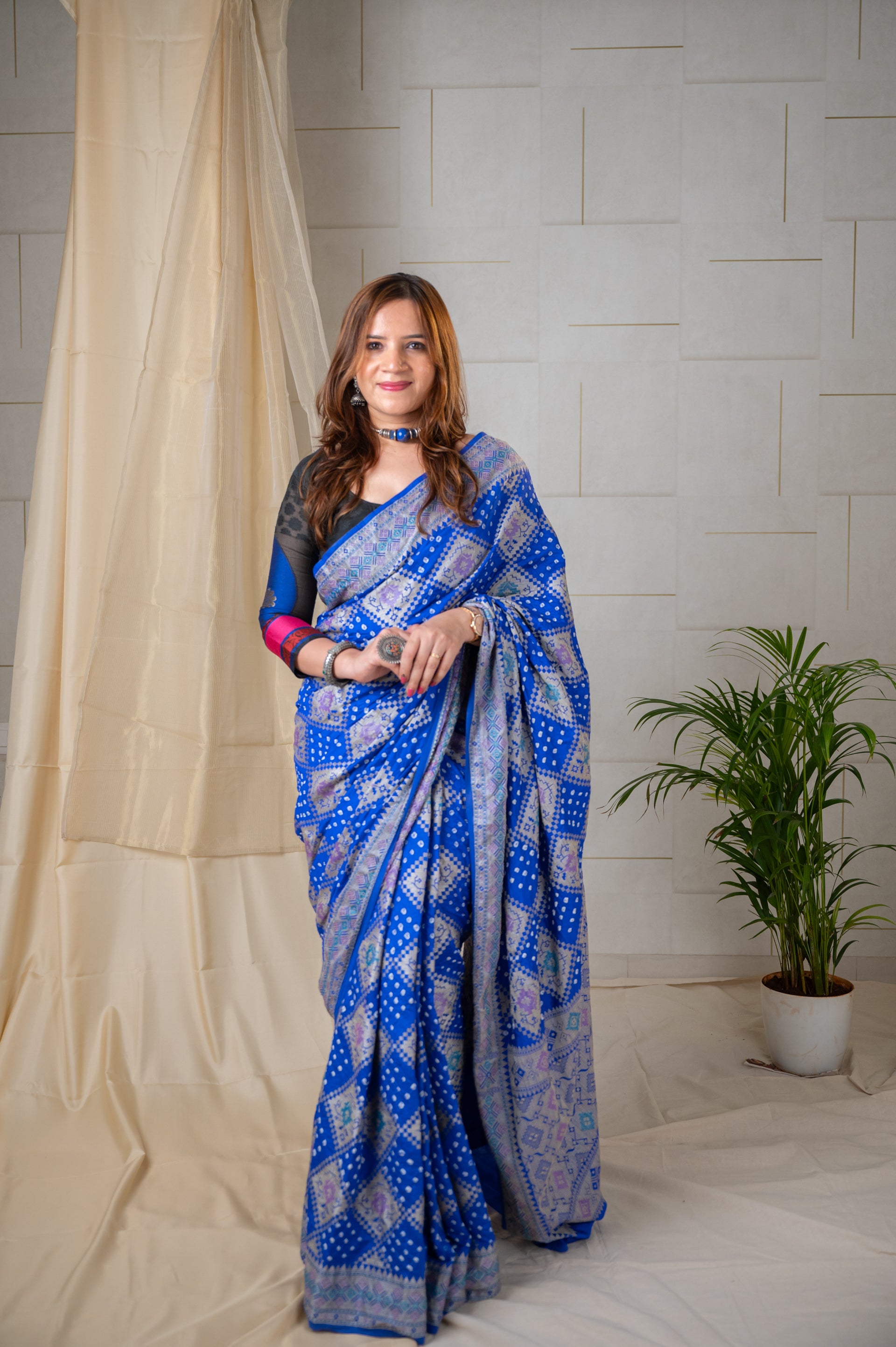 Dupion Silk Banarasi Weave with Bandhani Saree - Royal Blue