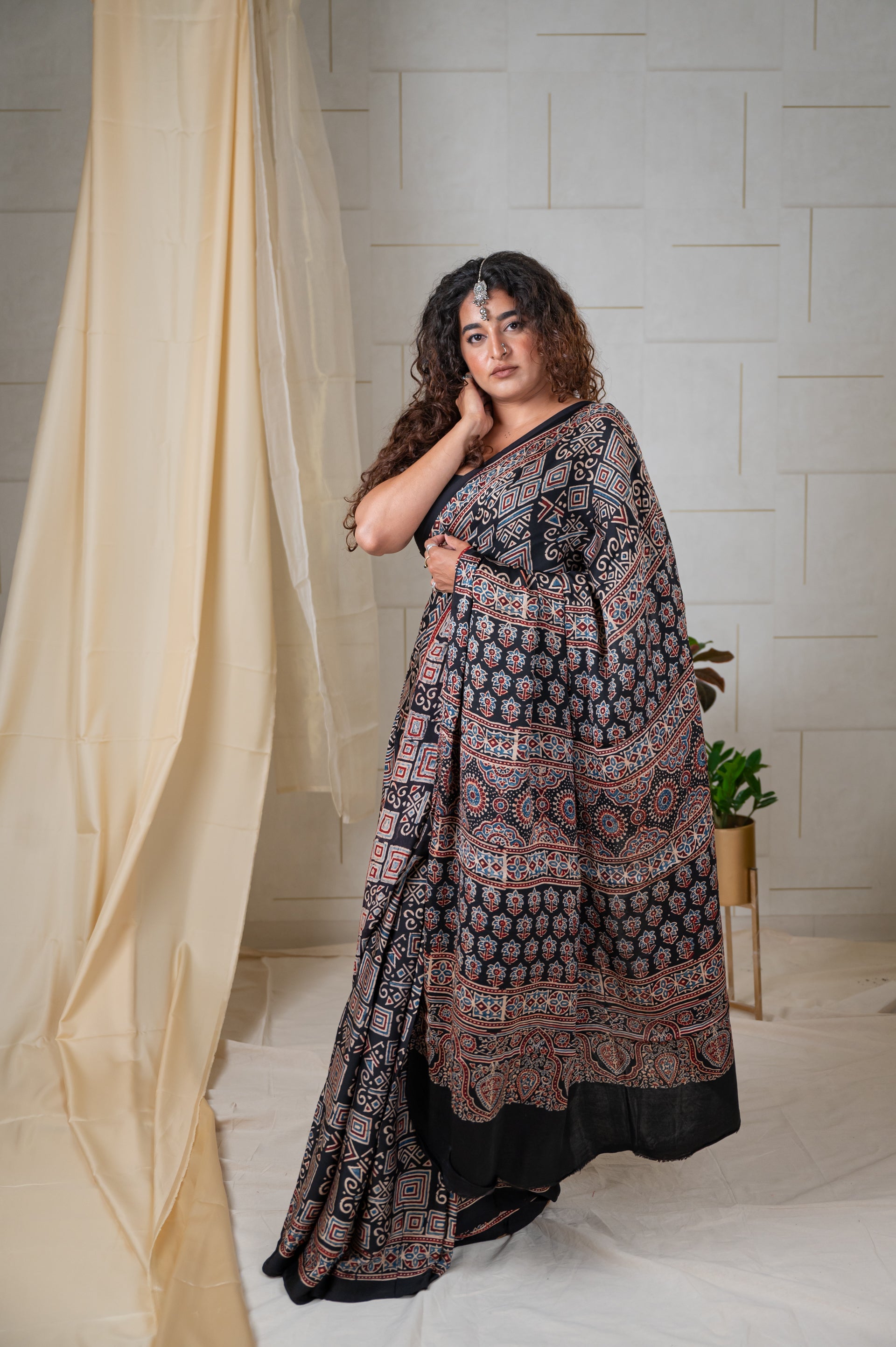 Modal Silk Ajrakh Saree With Natural Dyes - Black with Geometrical Pattern
